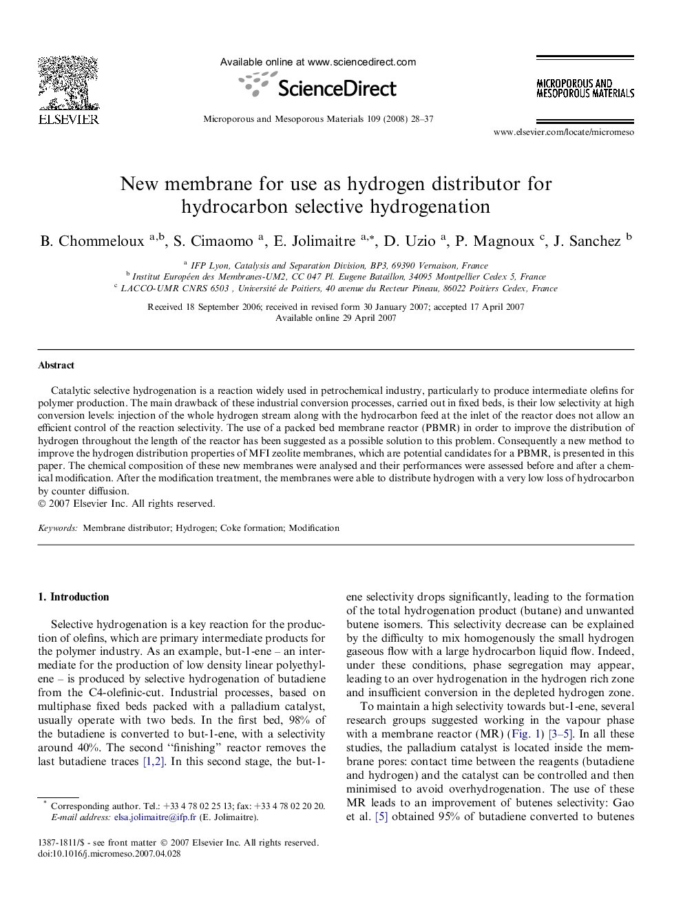 New membrane for use as hydrogen distributor for hydrocarbon selective hydrogenation