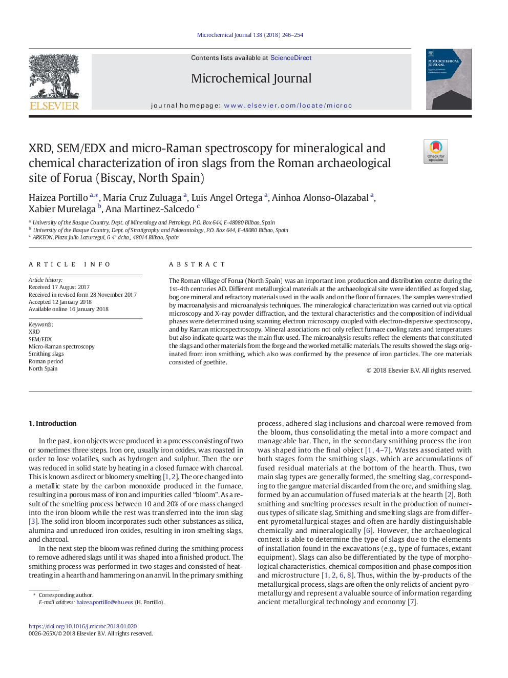 XRD, SEM/EDX and micro-Raman spectroscopy for mineralogical and chemical characterization of iron slags from the Roman archaeological site of Forua (Biscay, North Spain)