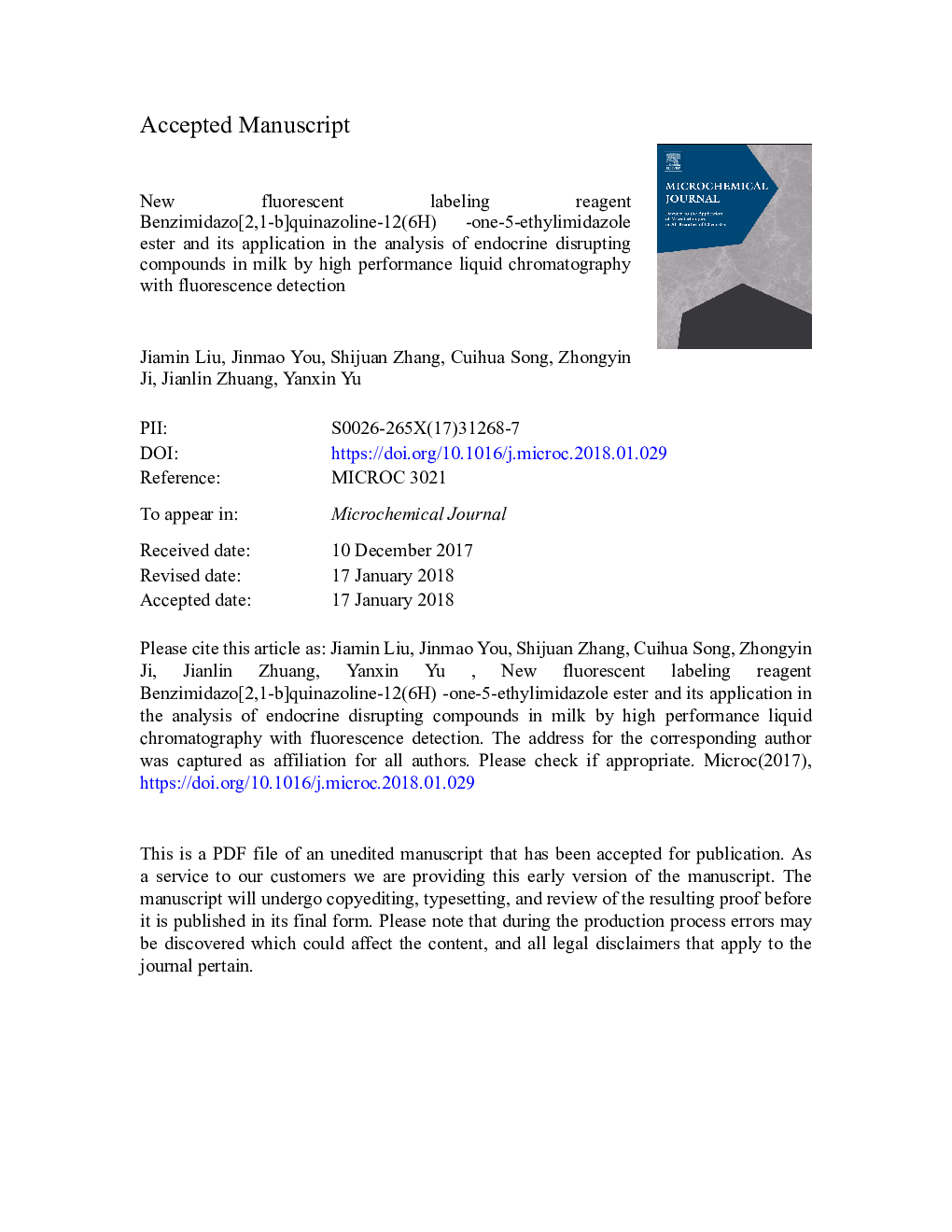 New fluorescent labeling reagent Benzimidazo[2,1-b]quinazoline-12(6H) -one-5-ethylimidazole ester and its application in the analysis of endocrine disrupting compounds in milk by high performance liquid chromatography with fluorescence detection