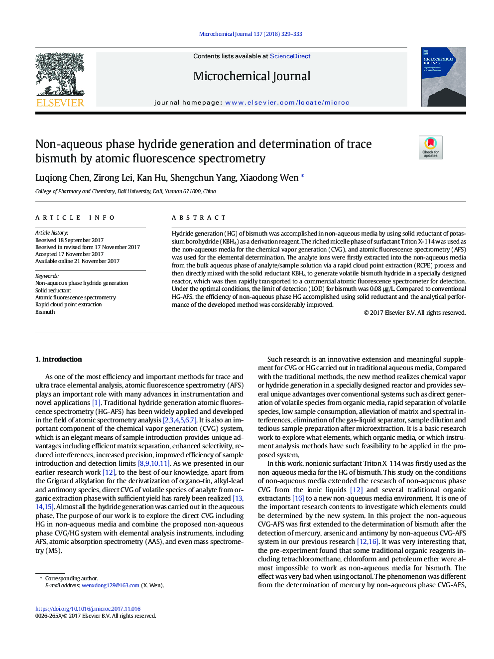 Non-aqueous phase hydride generation and determination of trace bismuth by atomic fluorescence spectrometry