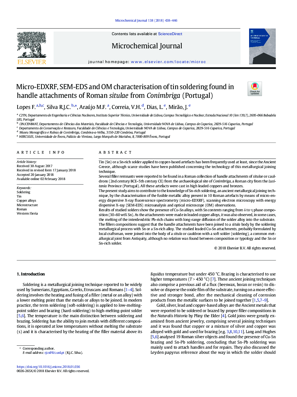 Micro-EDXRF, SEM-EDS and OM characterisation of tin soldering found in handle attachments of Roman situlae from Conimbriga (Portugal)