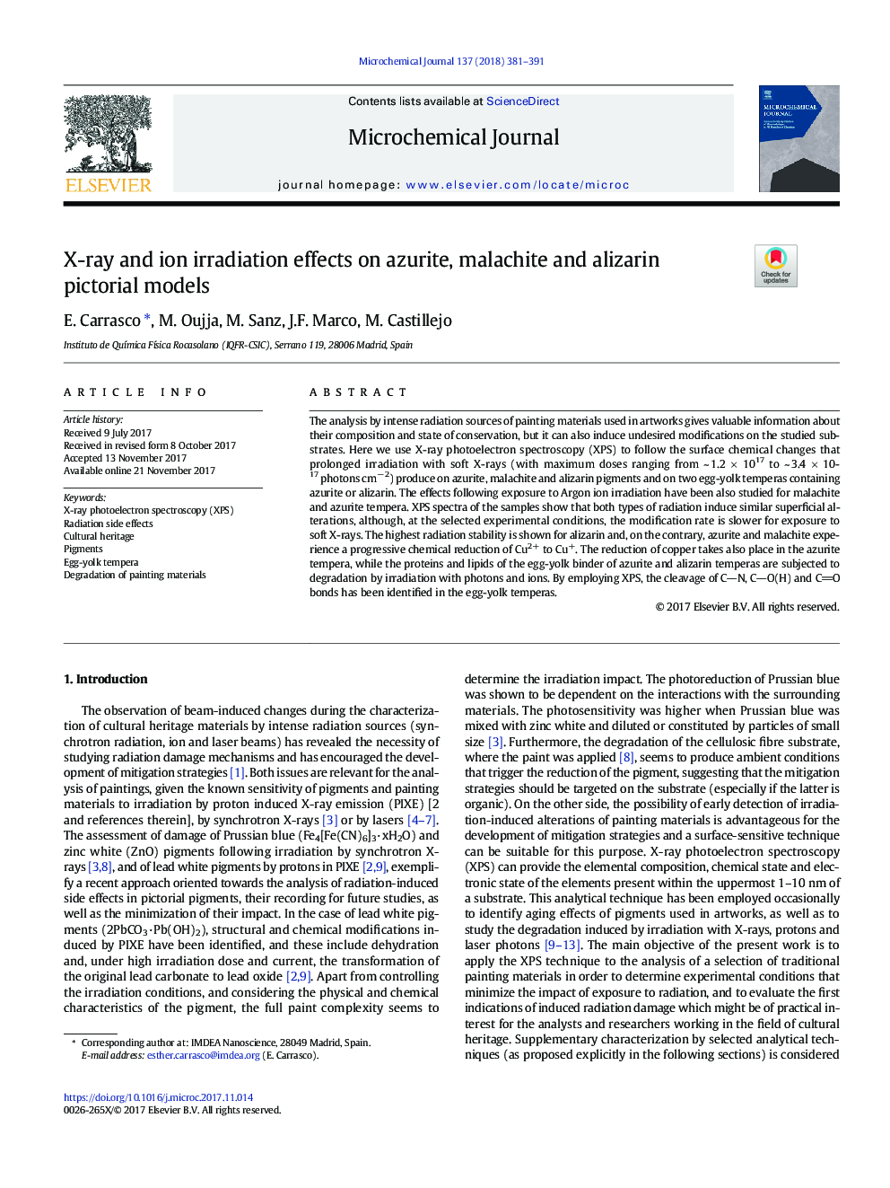 X-ray and ion irradiation effects on azurite, malachite and alizarin pictorial models