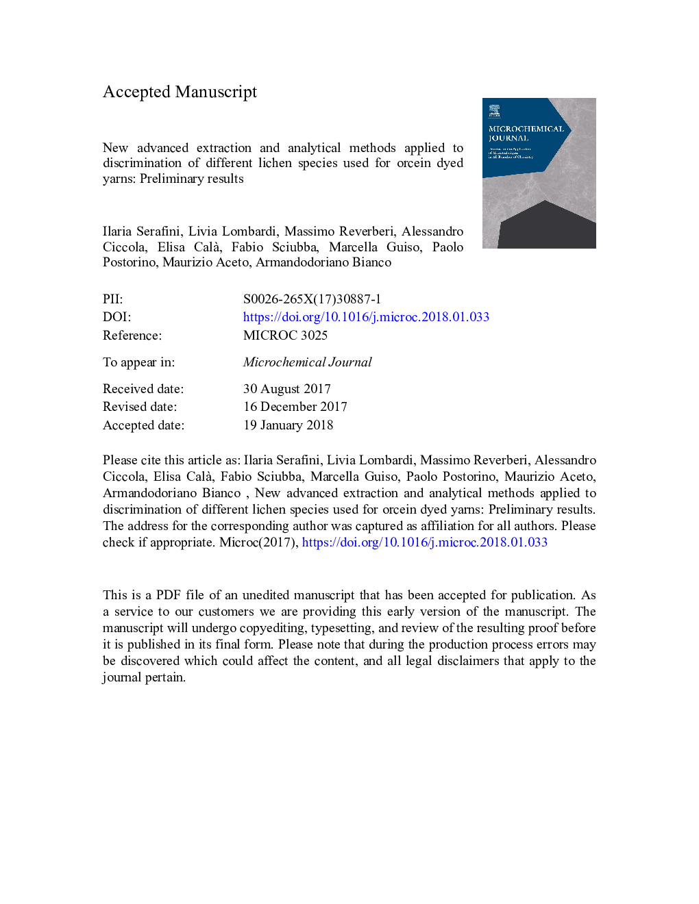 New advanced extraction and analytical methods applied to discrimination of different lichen species used for orcein dyed yarns: Preliminary results