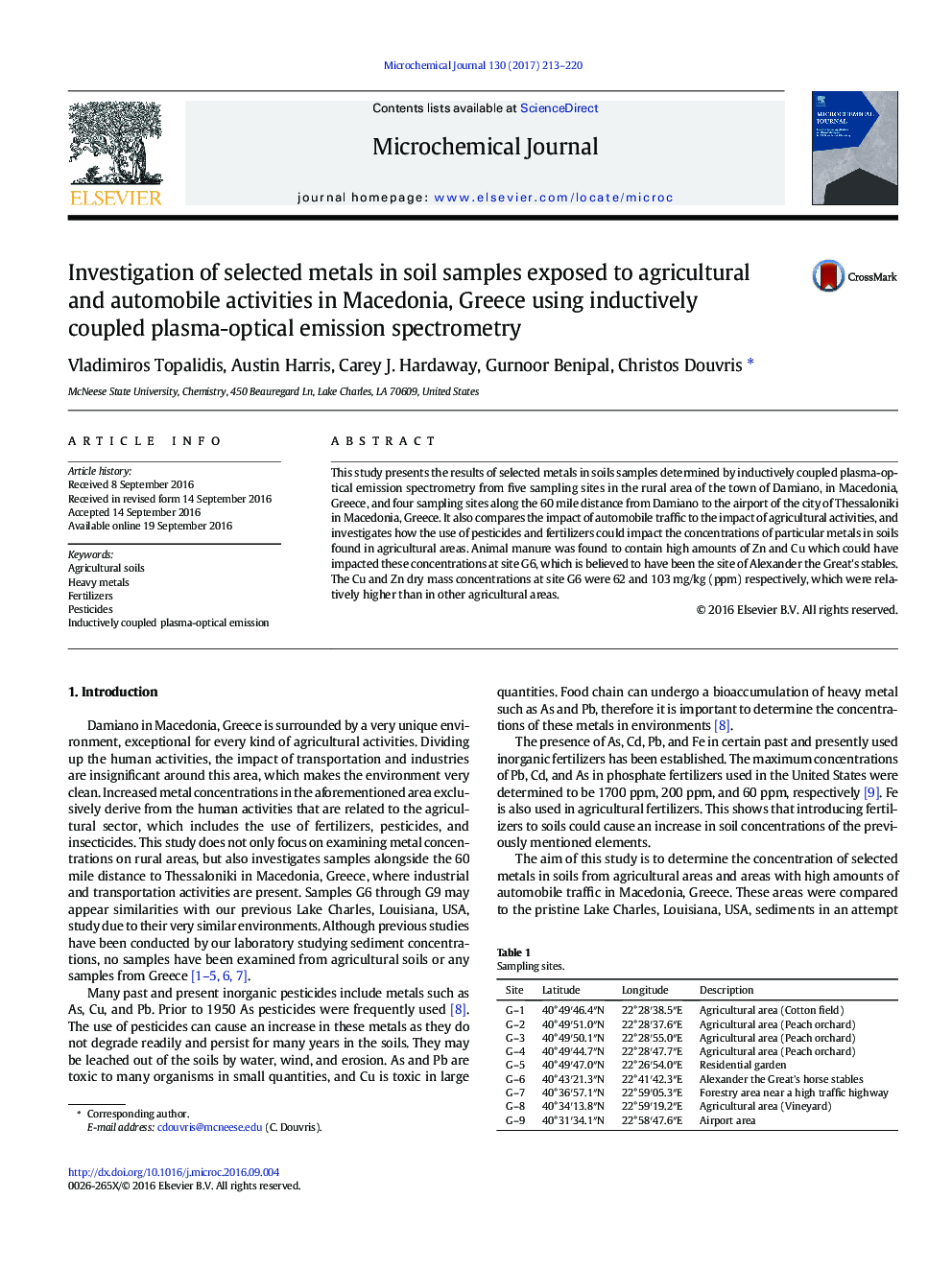 Investigation of selected metals in soil samples exposed to agricultural and automobile activities in Macedonia, Greece using inductively coupled plasma-optical emission spectrometry