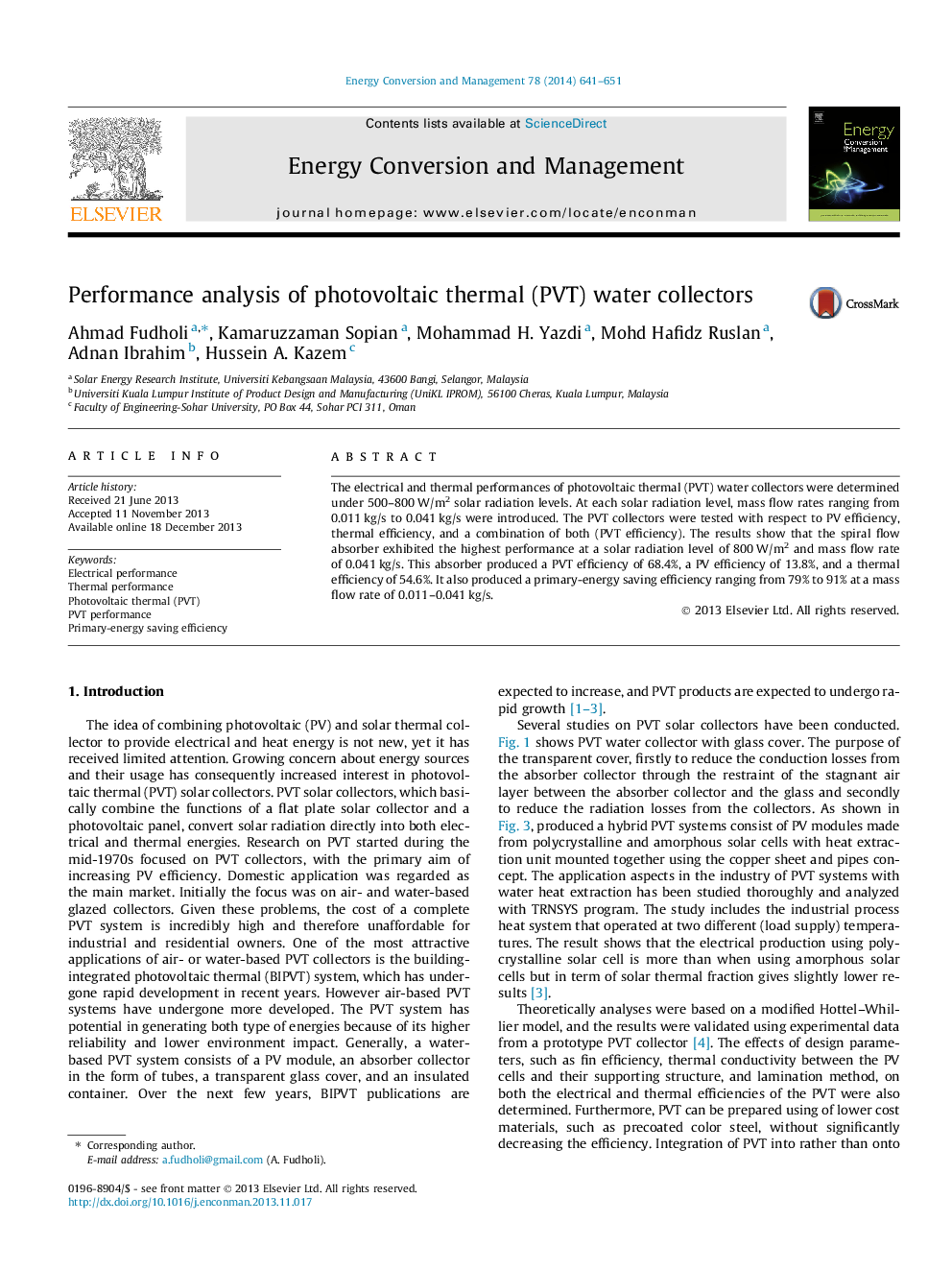 Performance analysis of photovoltaic thermal (PVT) water collectors