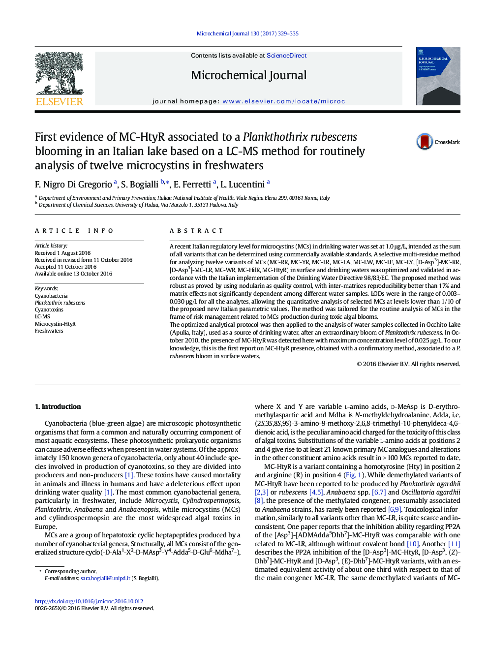 First evidence of MC-HtyR associated to a Plankthothrix rubescens blooming in an Italian lake based on a LC-MS method for routinely analysis of twelve microcystins in freshwaters