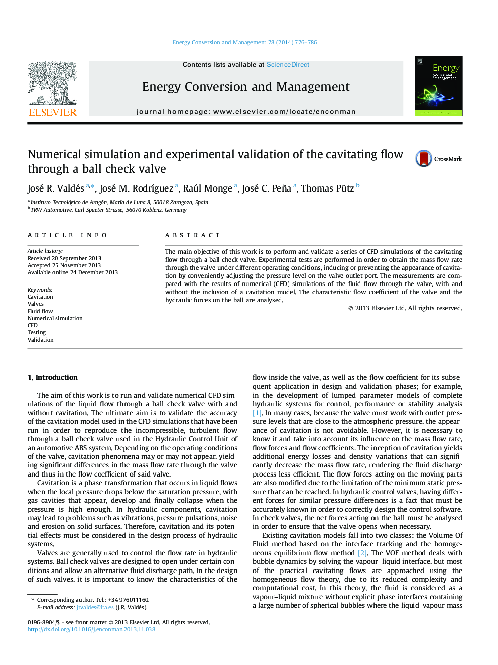 Numerical simulation and experimental validation of the cavitating flow through a ball check valve