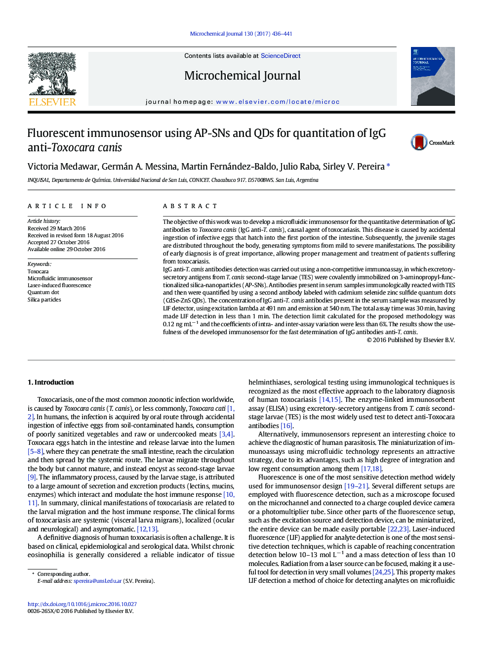 Fluorescent immunosensor using AP-SNs and QDs for quantitation of IgG anti-Toxocara canis