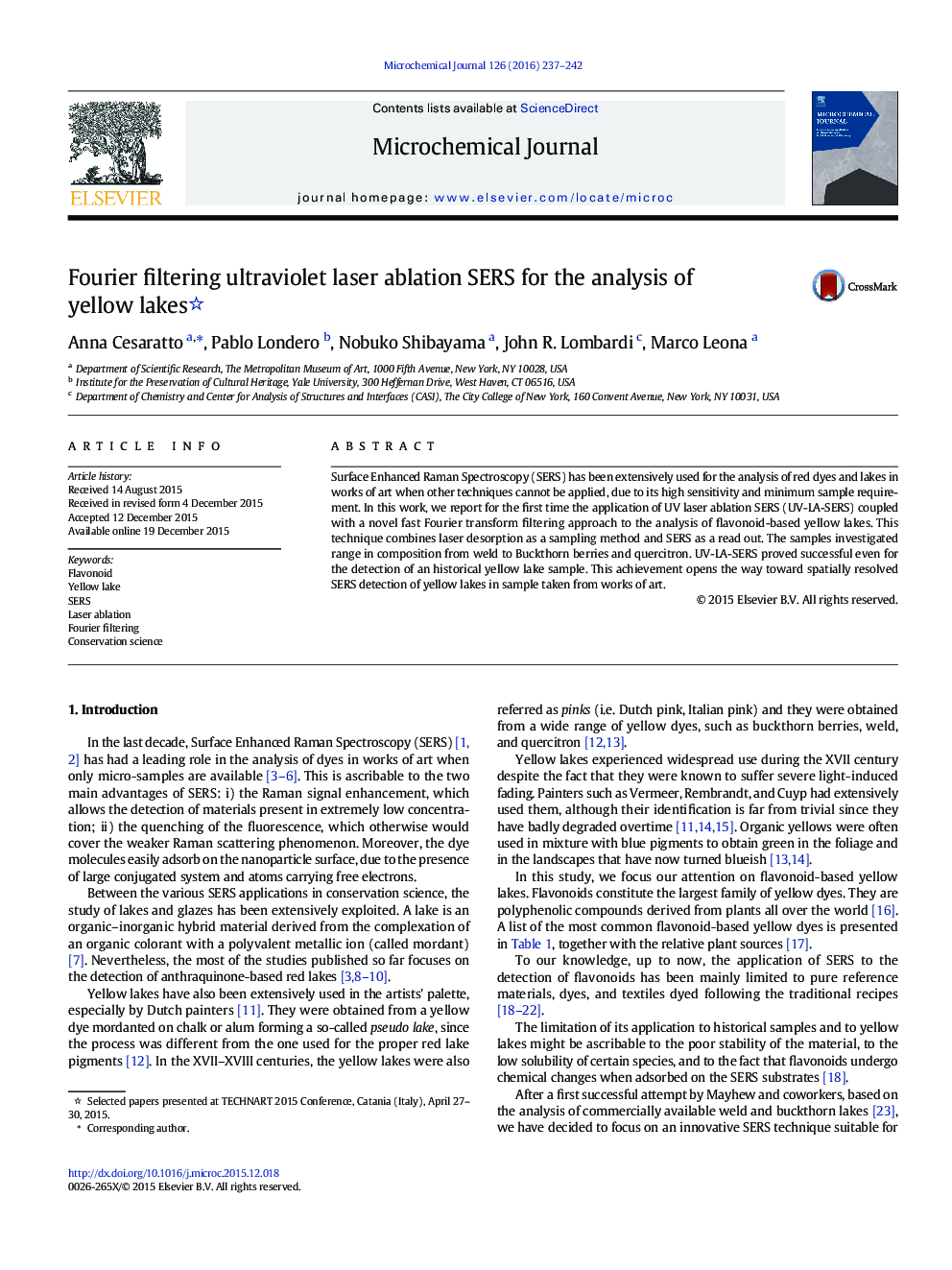 Fourier filtering ultraviolet laser ablation SERS for the analysis of yellow lakes