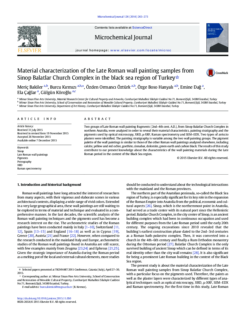 Material characterization of the Late Roman wall painting samples from Sinop Balatlar Church Complex in the black sea region of Turkey