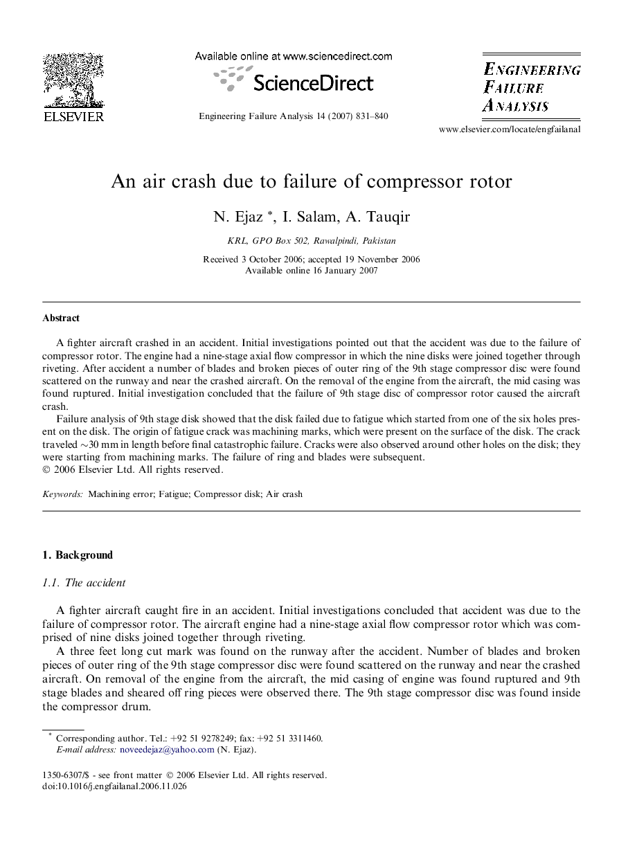 An air crash due to failure of compressor rotor