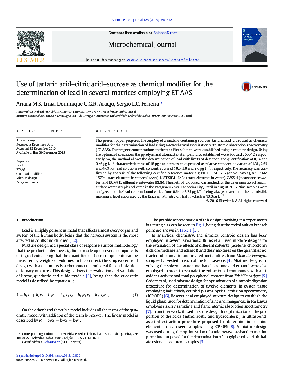 Use of tartaric acid-citric acid-sucrose as chemical modifier for the determination of lead in several matrices employing ET AAS