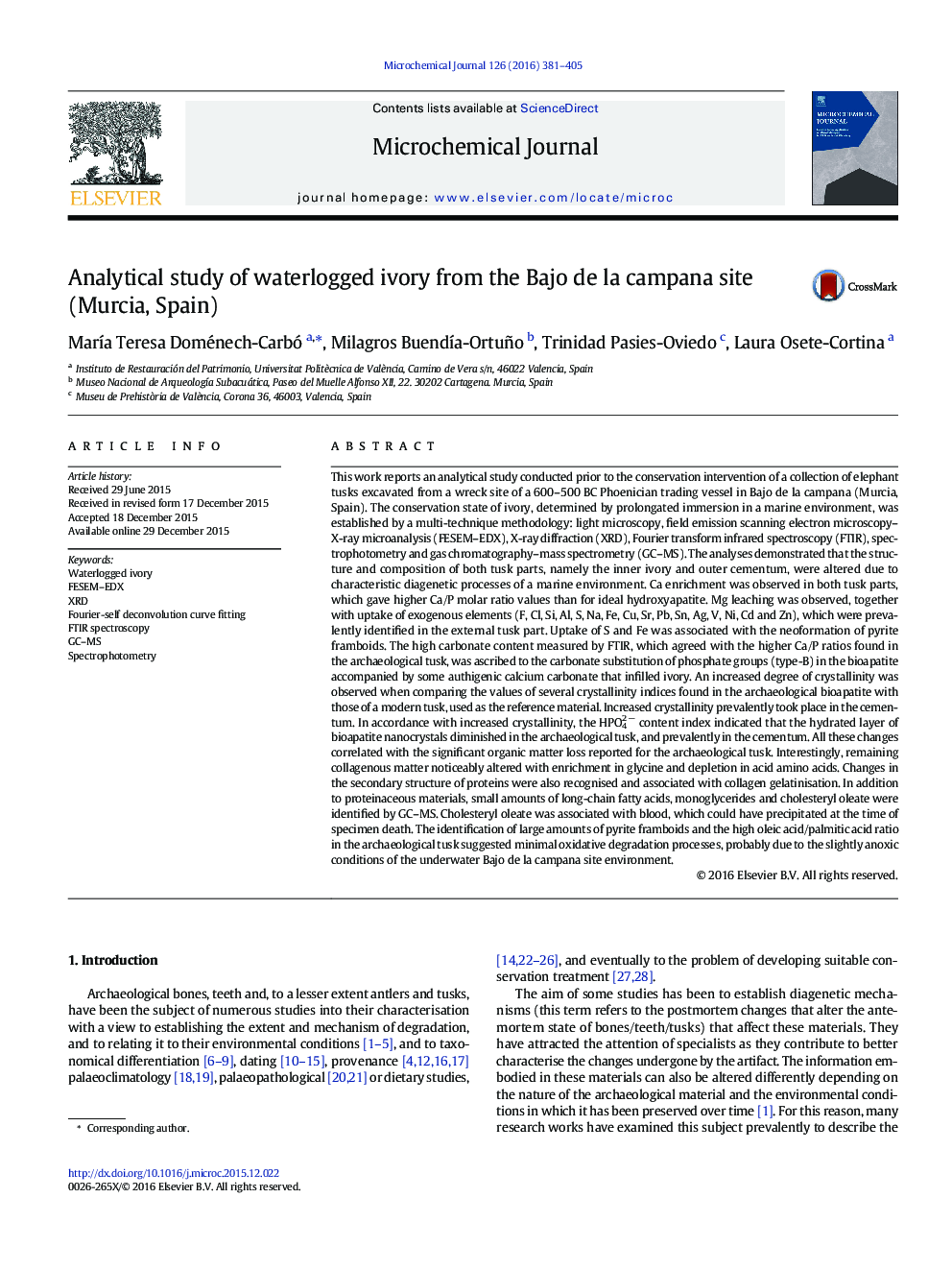 Analytical study of waterlogged ivory from the Bajo de la campana site (Murcia, Spain)