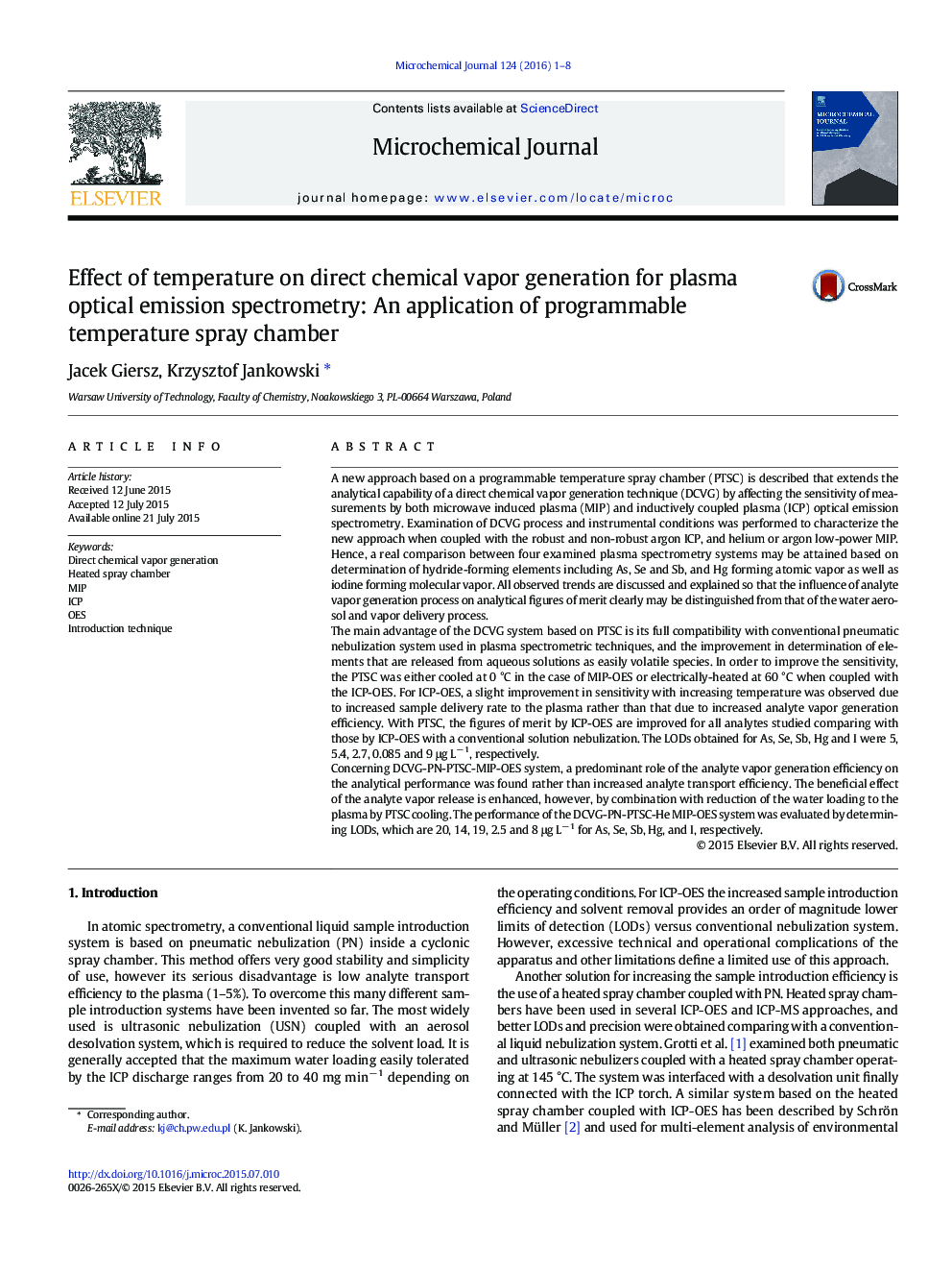 Effect of temperature on direct chemical vapor generation for plasma optical emission spectrometry: An application of programmable temperature spray chamber