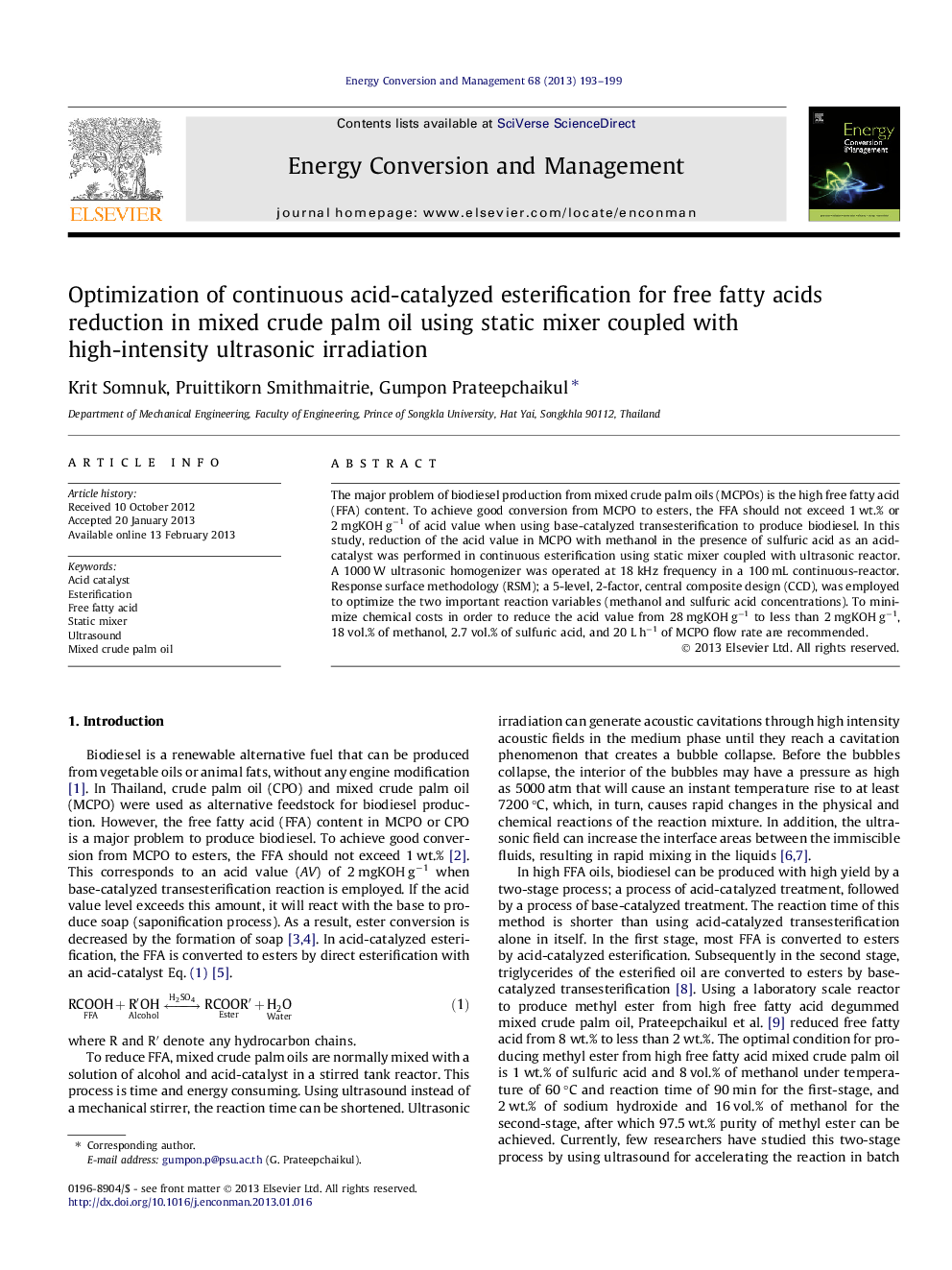 Optimization of continuous acid-catalyzed esterification for free fatty acids reduction in mixed crude palm oil using static mixer coupled with high-intensity ultrasonic irradiation