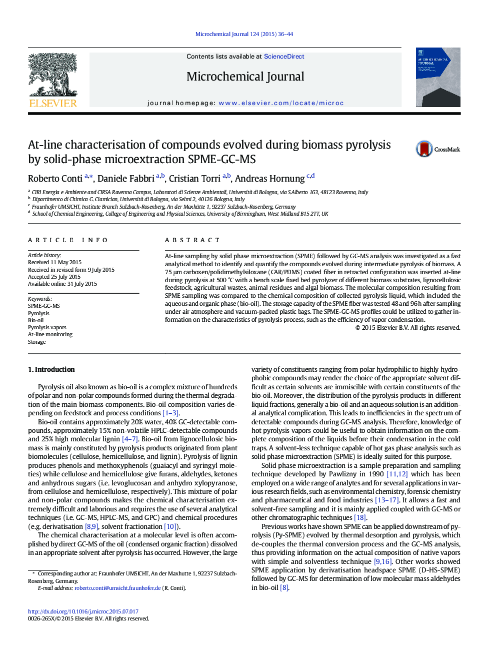 At-line characterisation of compounds evolved during biomass pyrolysis by solid-phase microextraction SPME-GC-MS