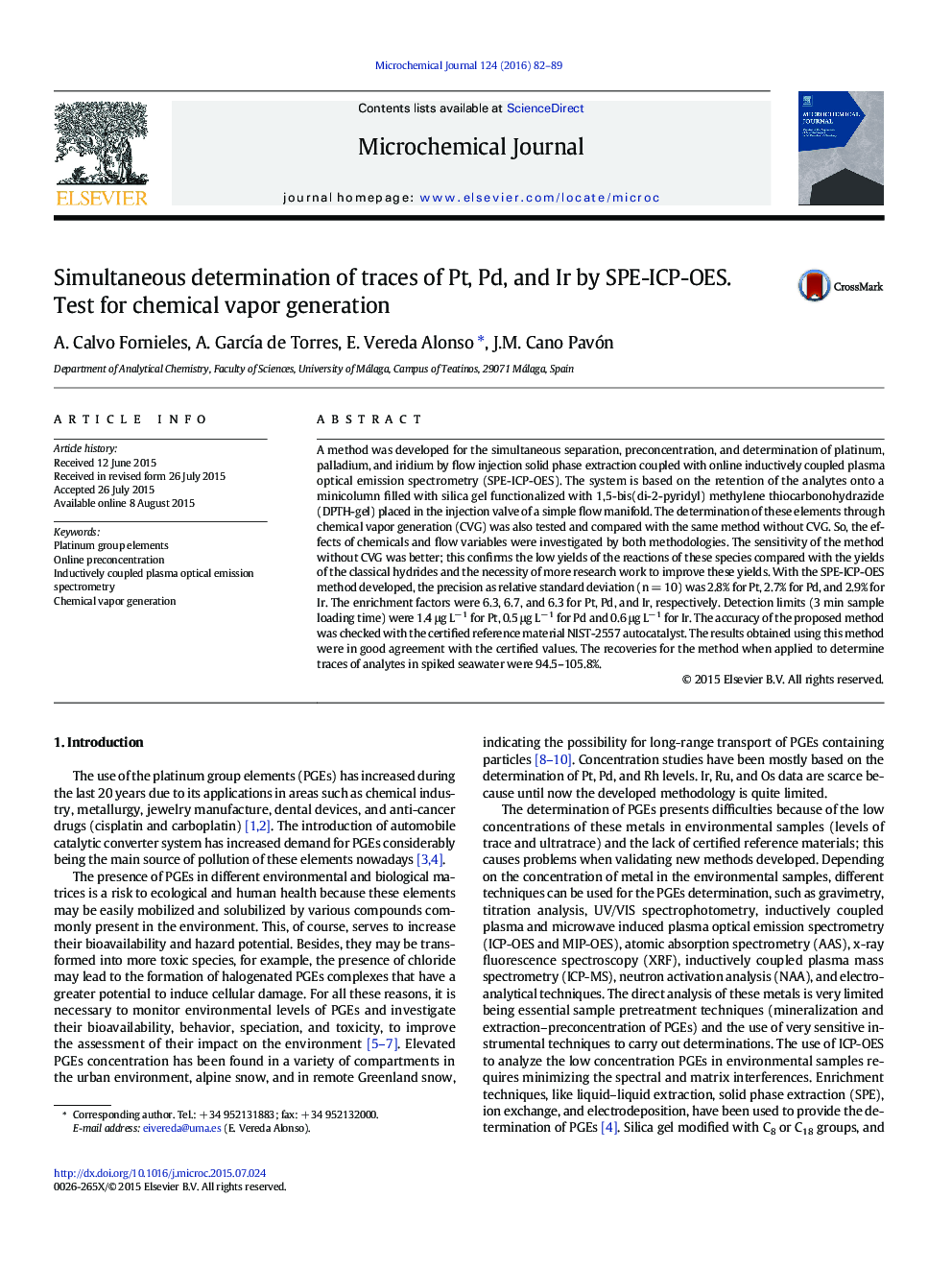 Simultaneous determination of traces of Pt, Pd, and Ir by SPE-ICP-OES. Test for chemical vapor generation