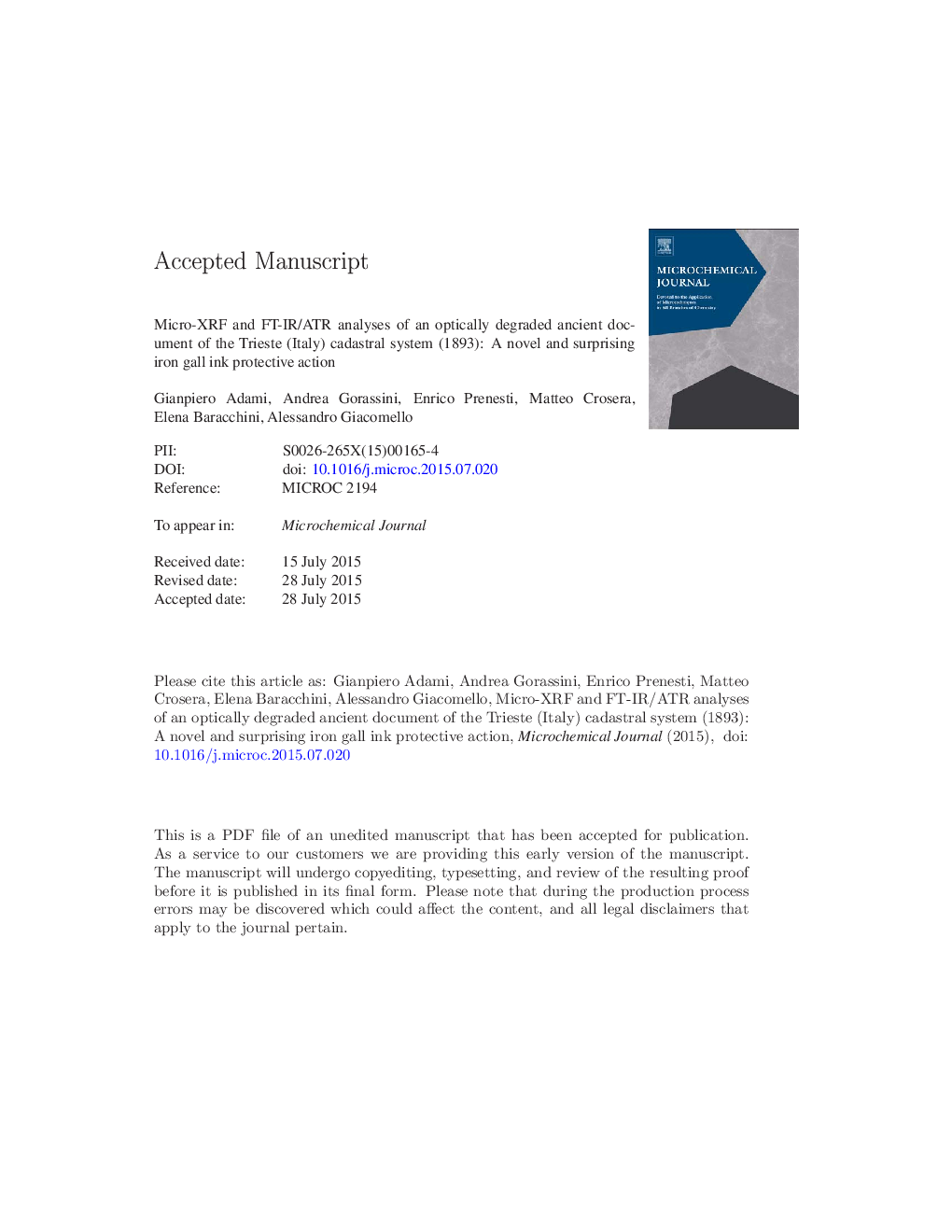 Micro-XRF and FT-IR/ATR analyses of an optically degraded ancient document of the Trieste (Italy) cadastral system (1893): A novel and surprising iron gall ink protective action