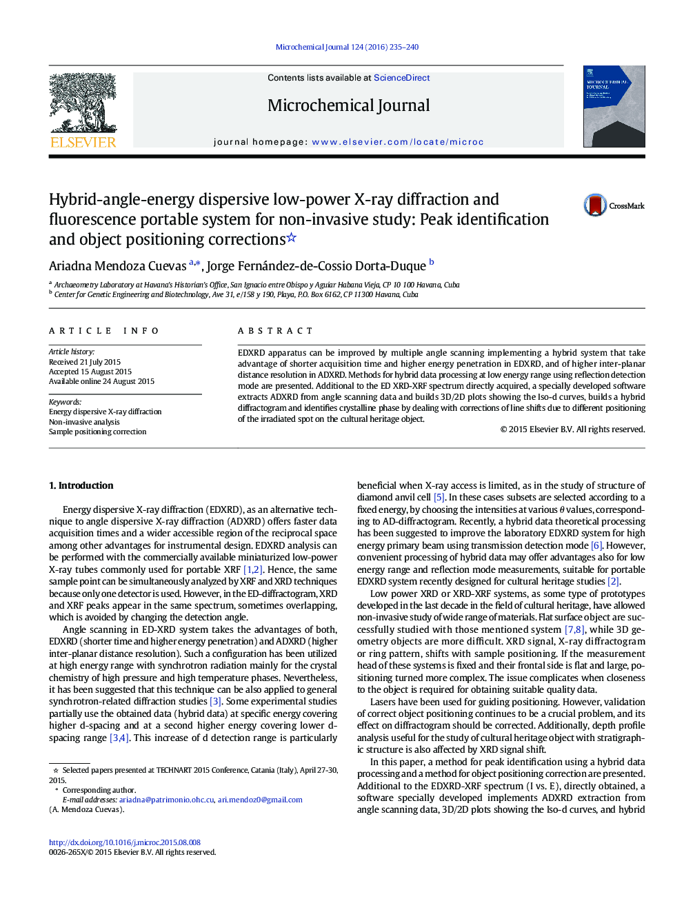 Hybrid-angle-energy dispersive low-power X-ray diffraction and fluorescence portable system for non-invasive study: Peak identification and object positioning corrections