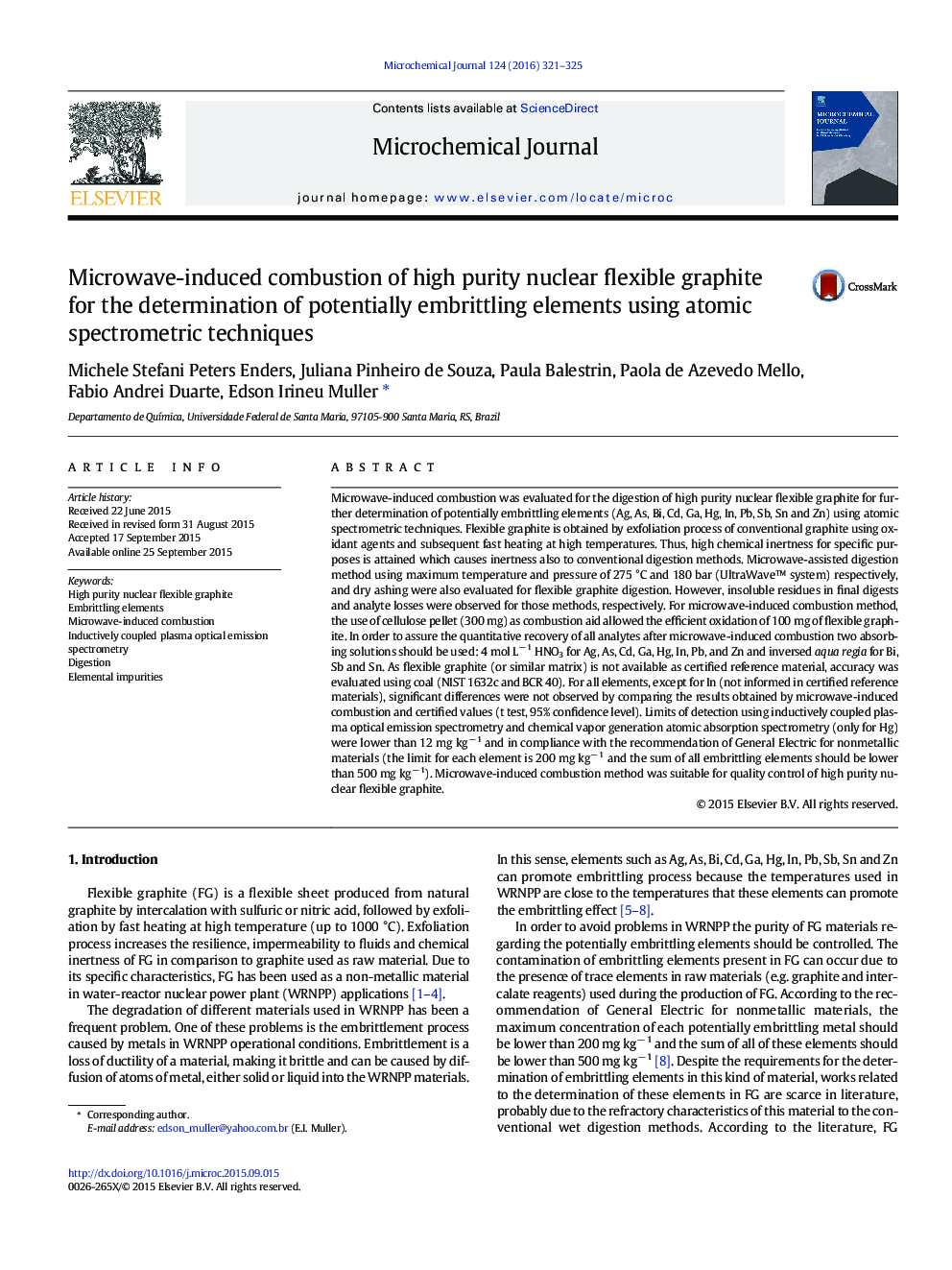 Microwave-induced combustion of high purity nuclear flexible graphite for the determination of potentially embrittling elements using atomic spectrometric techniques