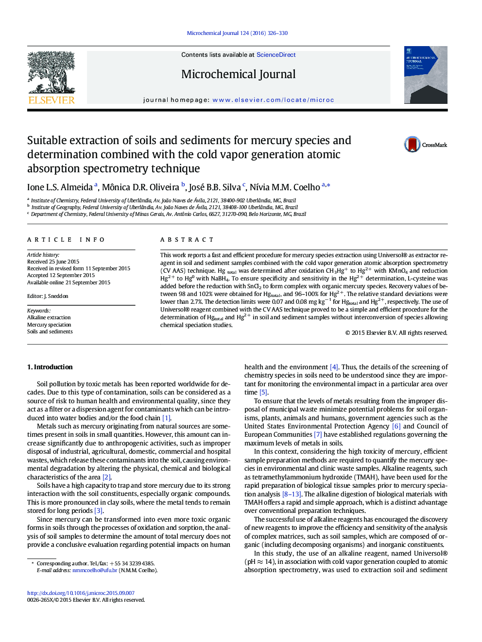 Suitable extraction of soils and sediments for mercury species and determination combined with the cold vapor generation atomic absorption spectrometry technique