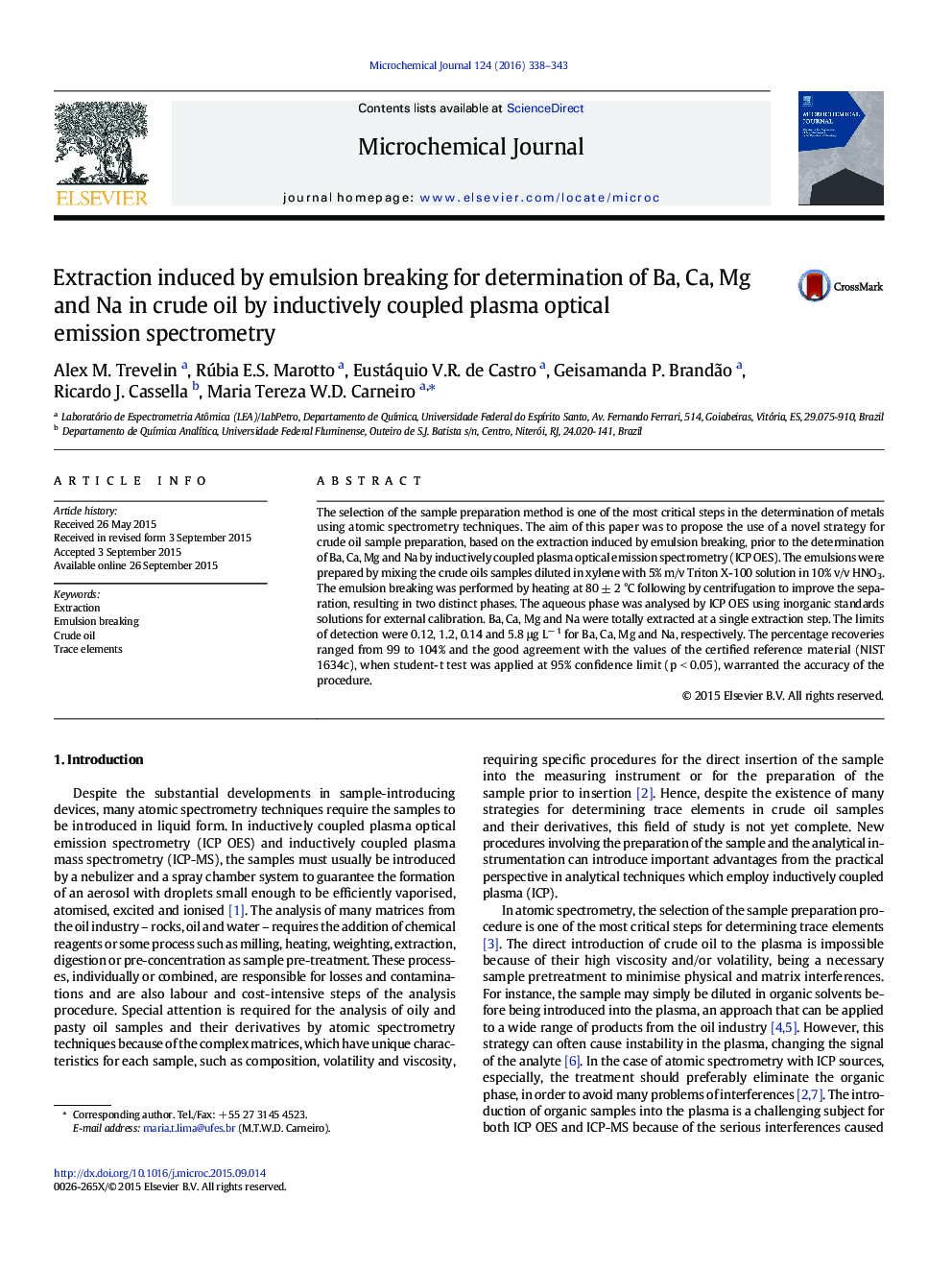 Extraction induced by emulsion breaking for determination of Ba, Ca, Mg and Na in crude oil by inductively coupled plasma optical emission spectrometry