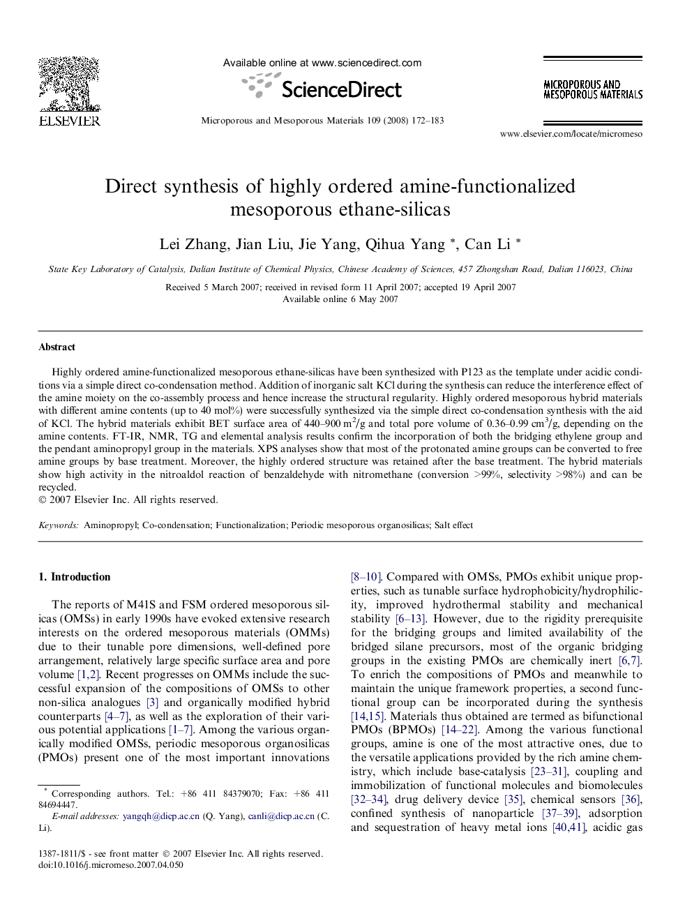 Direct synthesis of highly ordered amine-functionalized mesoporous ethane-silicas