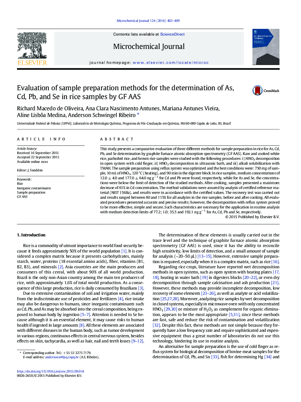 Evaluation of sample preparation methods for the determination of As, Cd, Pb, and Se in rice samples by GF AAS