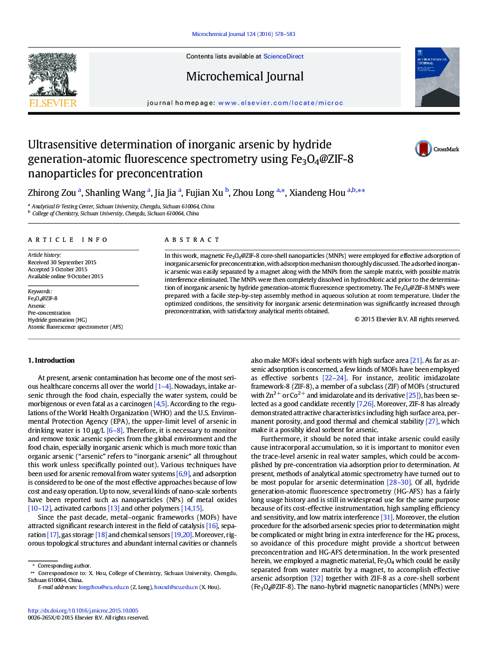 Ultrasensitive determination of inorganic arsenic by hydride generation-atomic fluorescence spectrometry using Fe3O4@ZIF-8 nanoparticles for preconcentration