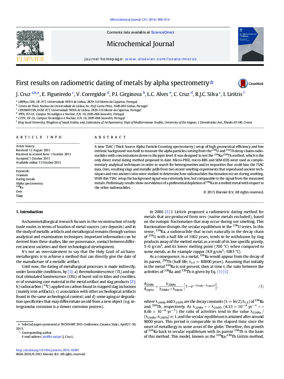 First results on radiometric dating of metals by alpha spectrometry