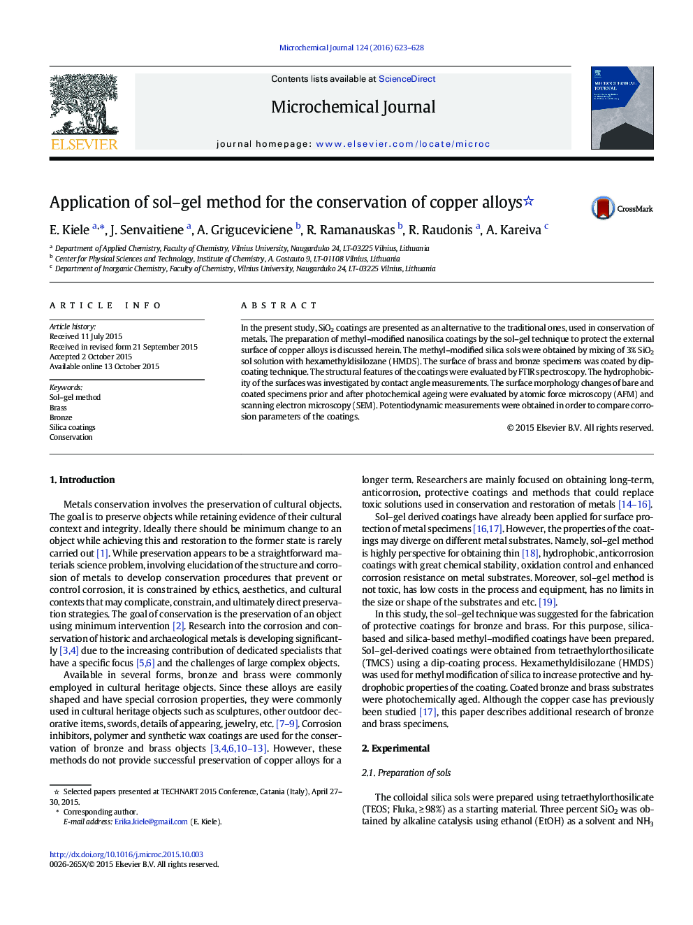 Application of sol-gel method for the conservation of copper alloys