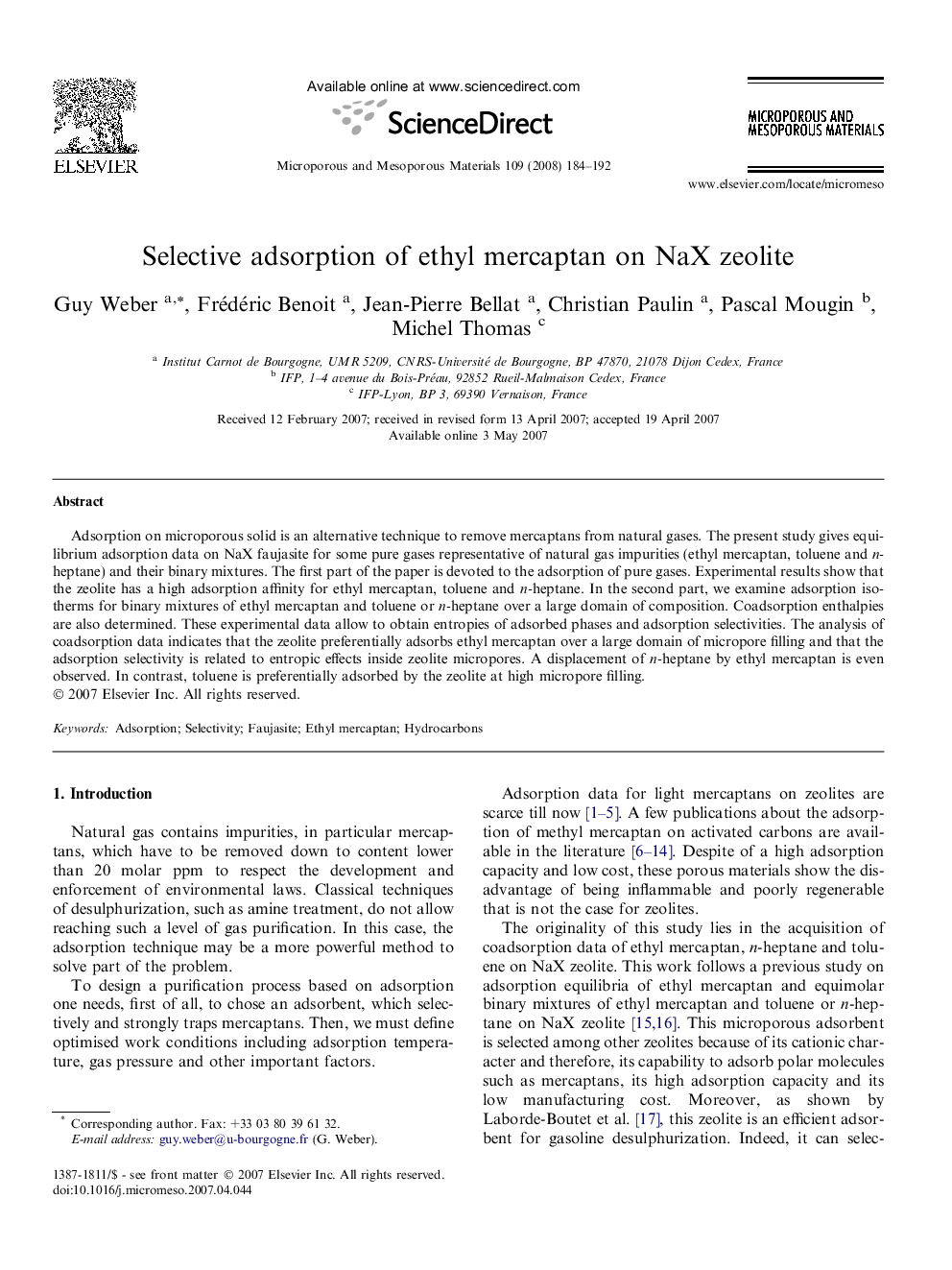 Selective adsorption of ethyl mercaptan on NaX zeolite