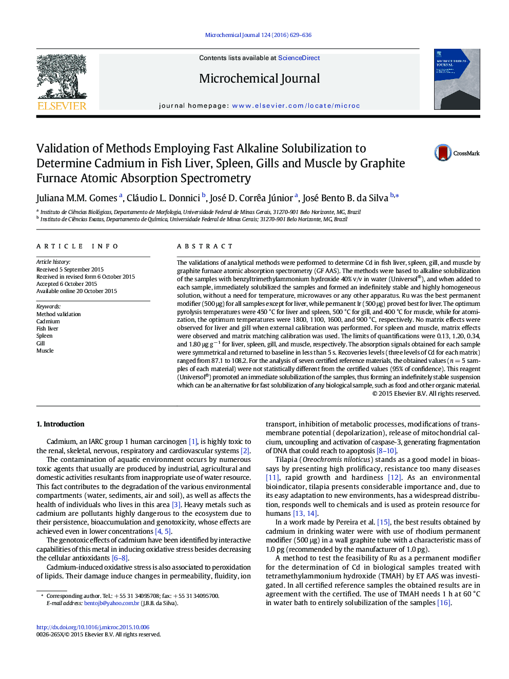 Validation of Methods Employing Fast Alkaline Solubilization to Determine Cadmium in Fish Liver, Spleen, Gills and Muscle by Graphite Furnace Atomic Absorption Spectrometry