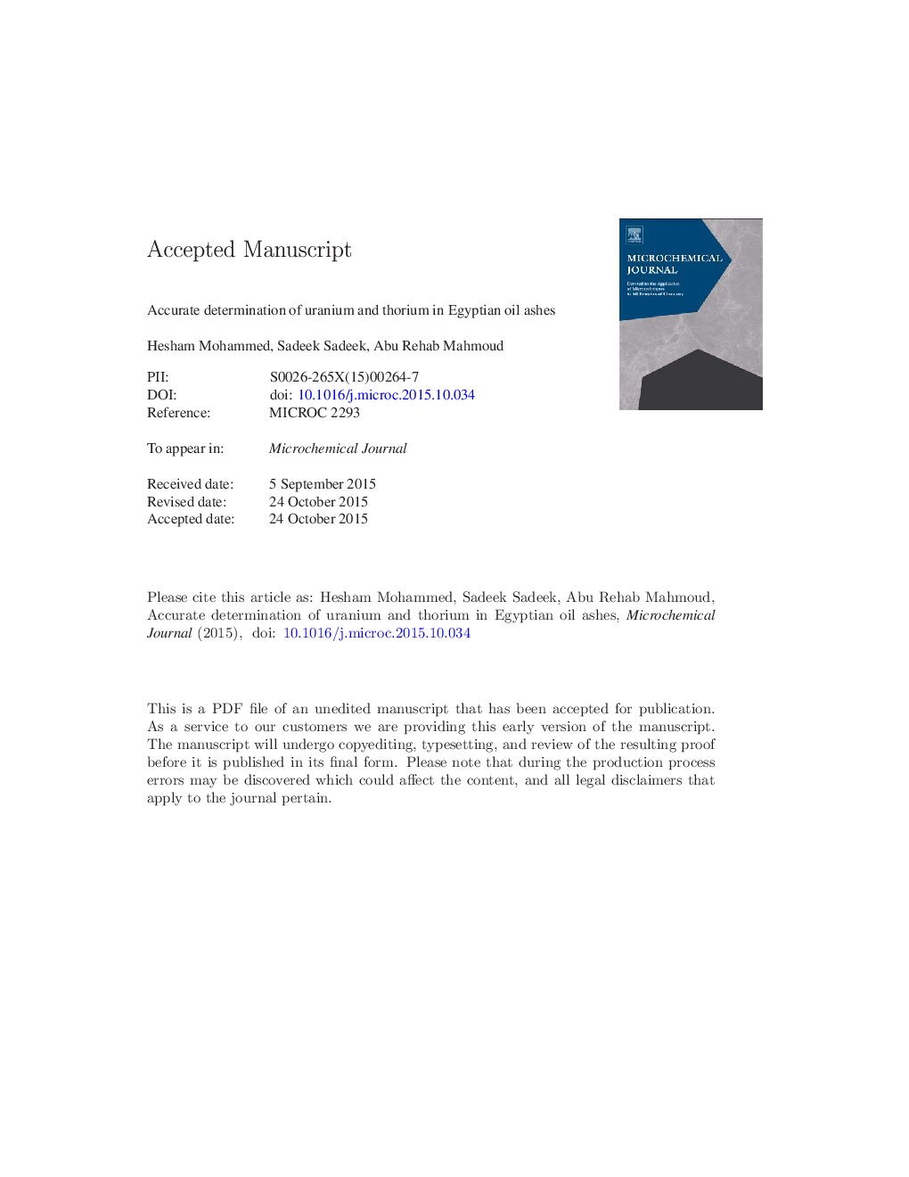 Accurate determination of uranium and thorium in Egyptian oil ashes