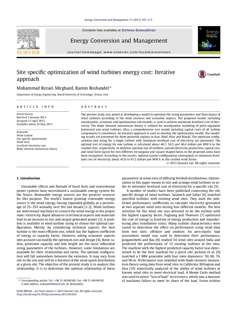 Site specific optimization of wind turbines energy cost: Iterative approach