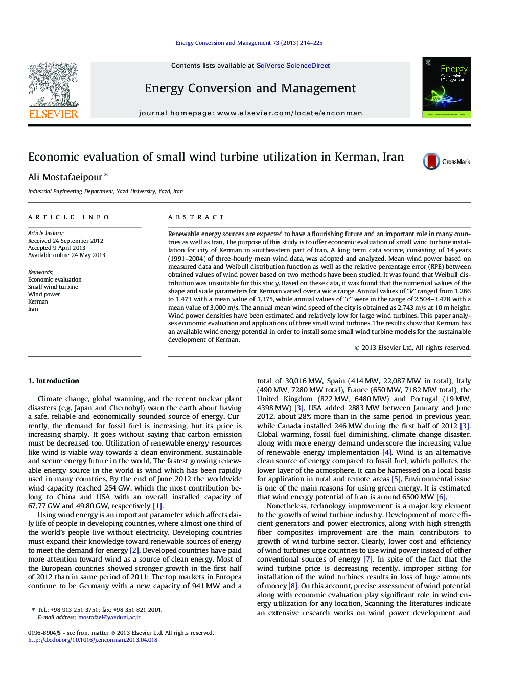 Economic evaluation of small wind turbine utilization in Kerman, Iran