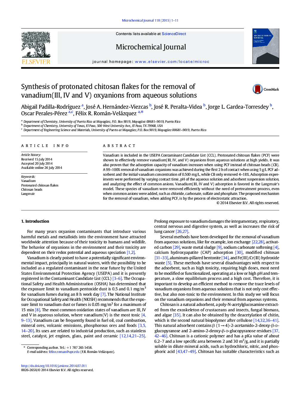 Synthesis of protonated chitosan flakes for the removal of vanadium(III, IV and V) oxyanions from aqueous solutions