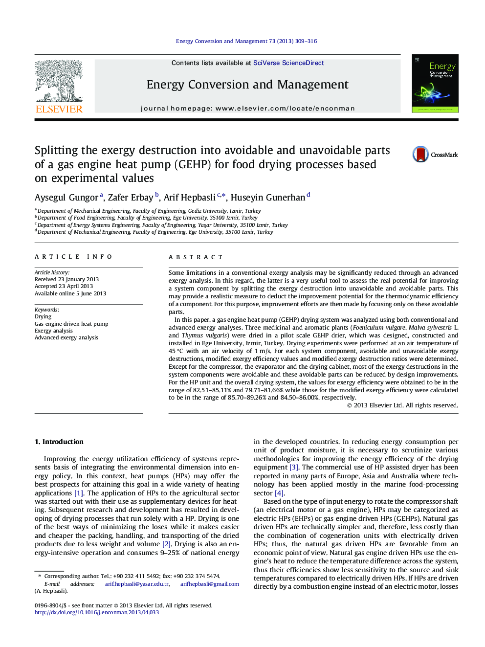 Splitting the exergy destruction into avoidable and unavoidable parts of a gas engine heat pump (GEHP) for food drying processes based on experimental values