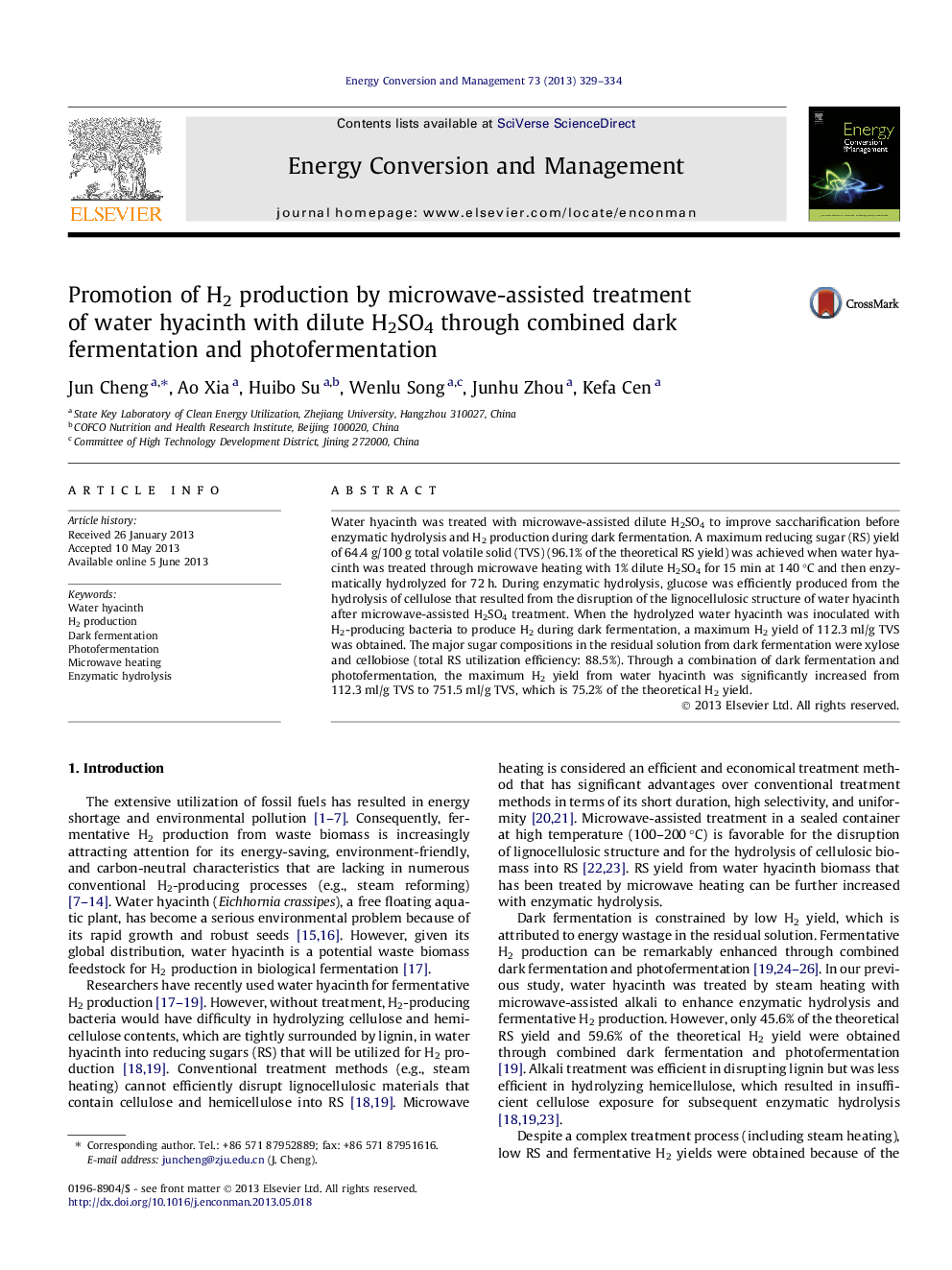 Promotion of H2 production by microwave-assisted treatment of water hyacinth with dilute H2SO4 through combined dark fermentation and photofermentation