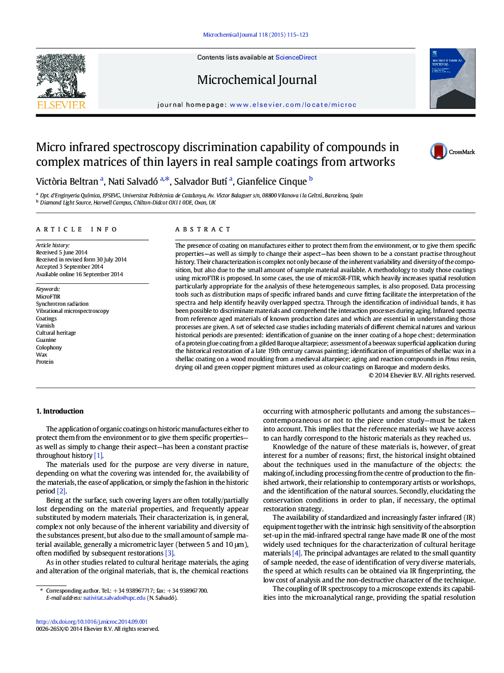 Micro infrared spectroscopy discrimination capability of compounds in complex matrices of thin layers in real sample coatings from artworks