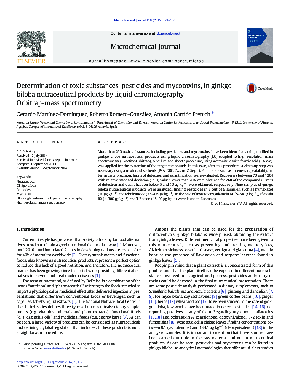 Determination of toxic substances, pesticides and mycotoxins, in ginkgo biloba nutraceutical products by liquid chromatography Orbitrap-mass spectrometry