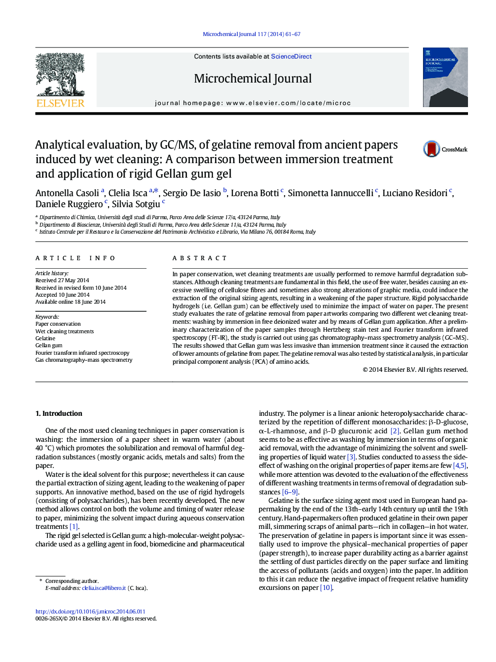 Analytical evaluation, by GC/MS, of gelatine removal from ancient papers induced by wet cleaning: A comparison between immersion treatment and application of rigid Gellan gum gel
