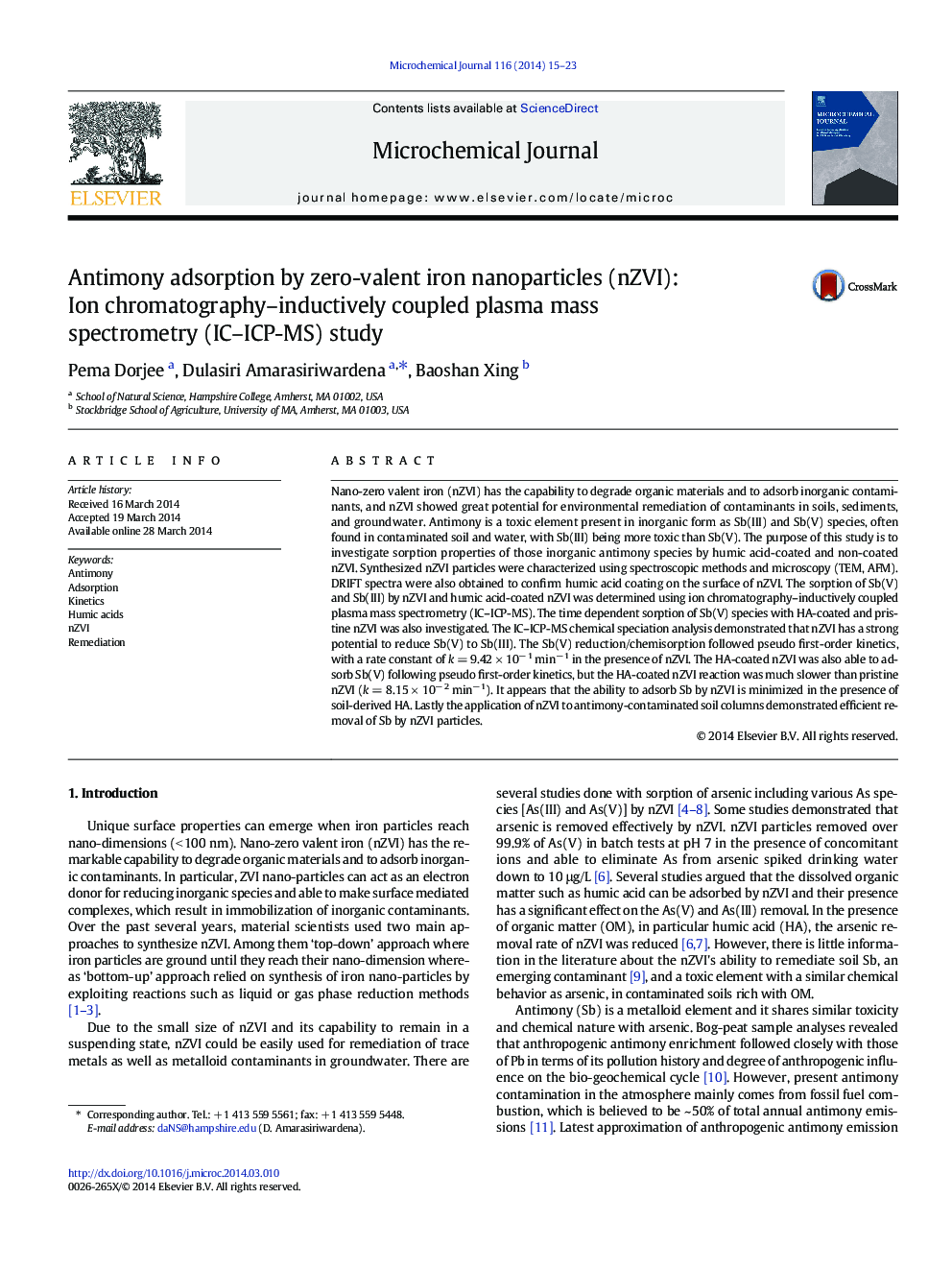 Antimony adsorption by zero-valent iron nanoparticles (nZVI): Ion chromatography-inductively coupled plasma mass spectrometry (IC-ICP-MS) study