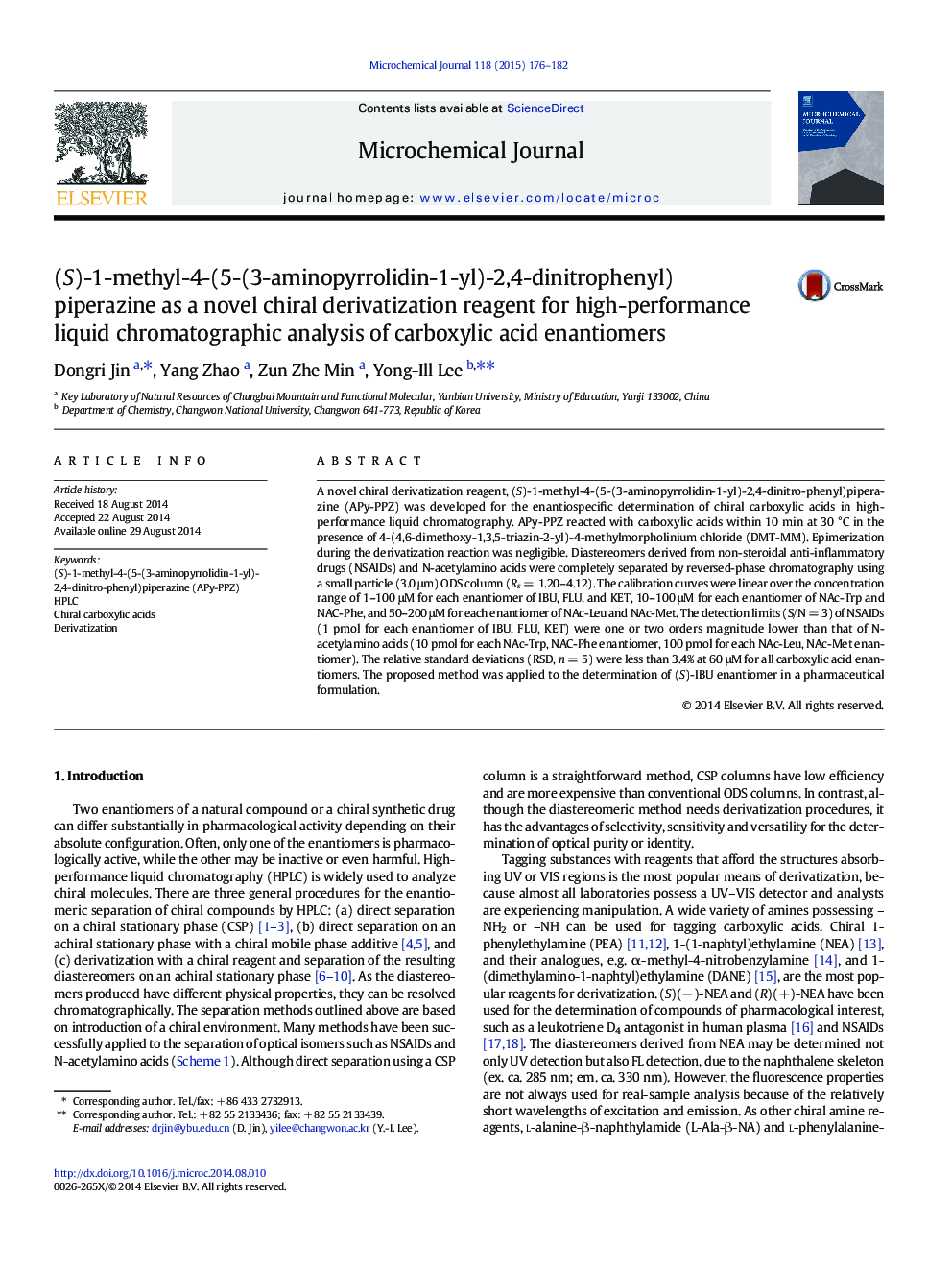 (S)-1-methyl-4-(5-(3-aminopyrrolidin-1-yl)-2,4-dinitrophenyl)piperazine as a novel chiral derivatization reagent for high-performance liquid chromatographic analysis of carboxylic acid enantiomers