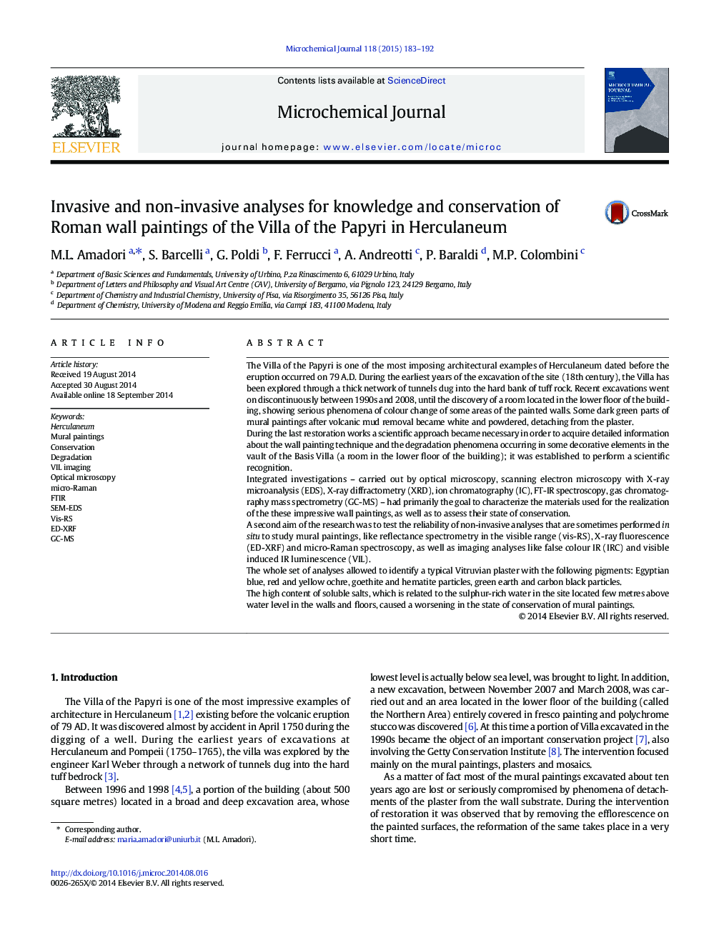 Invasive and non-invasive analyses for knowledge and conservation of Roman wall paintings of the Villa of the Papyri in Herculaneum