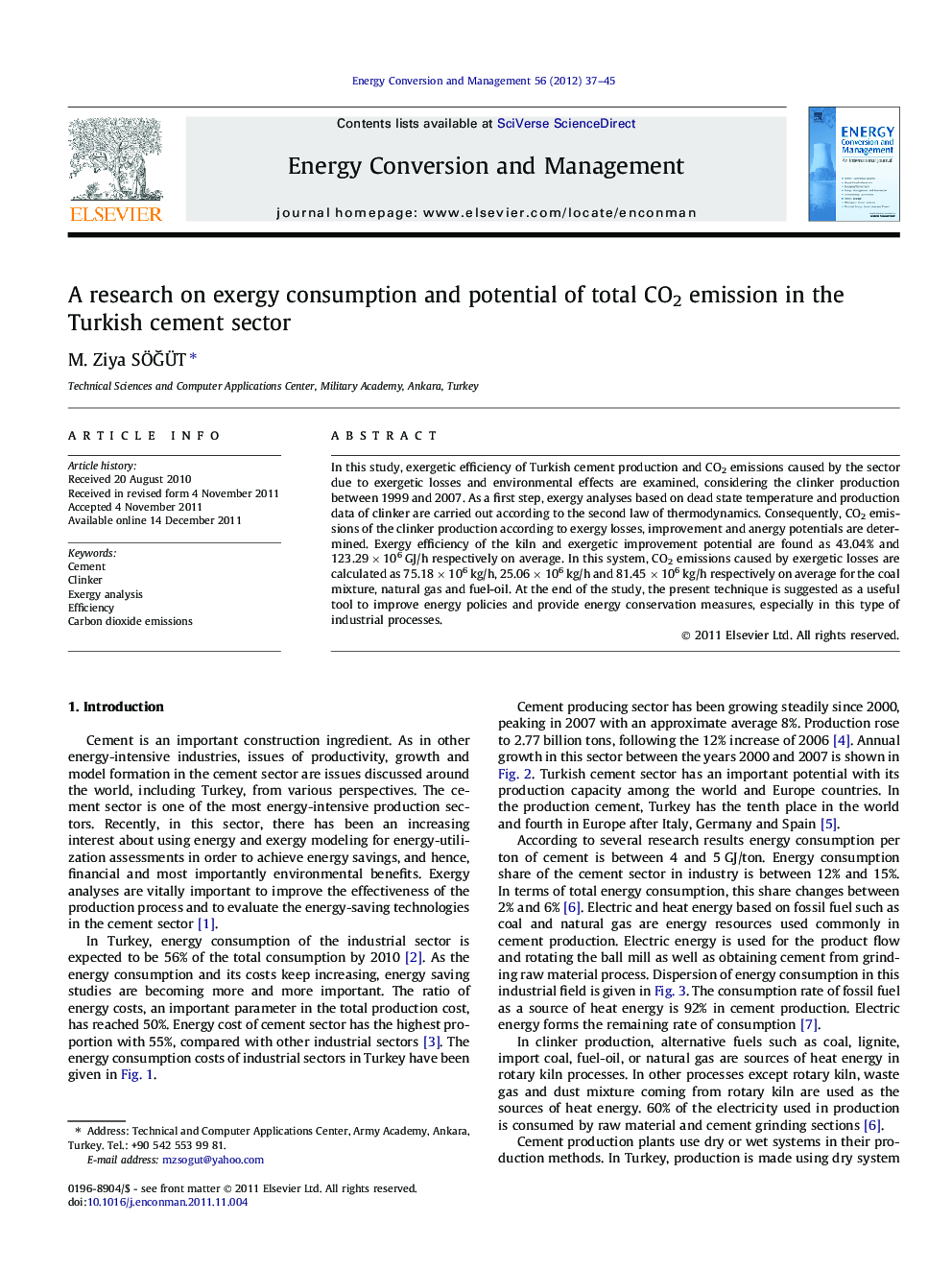 A research on exergy consumption and potential of total CO2 emission in the Turkish cement sector