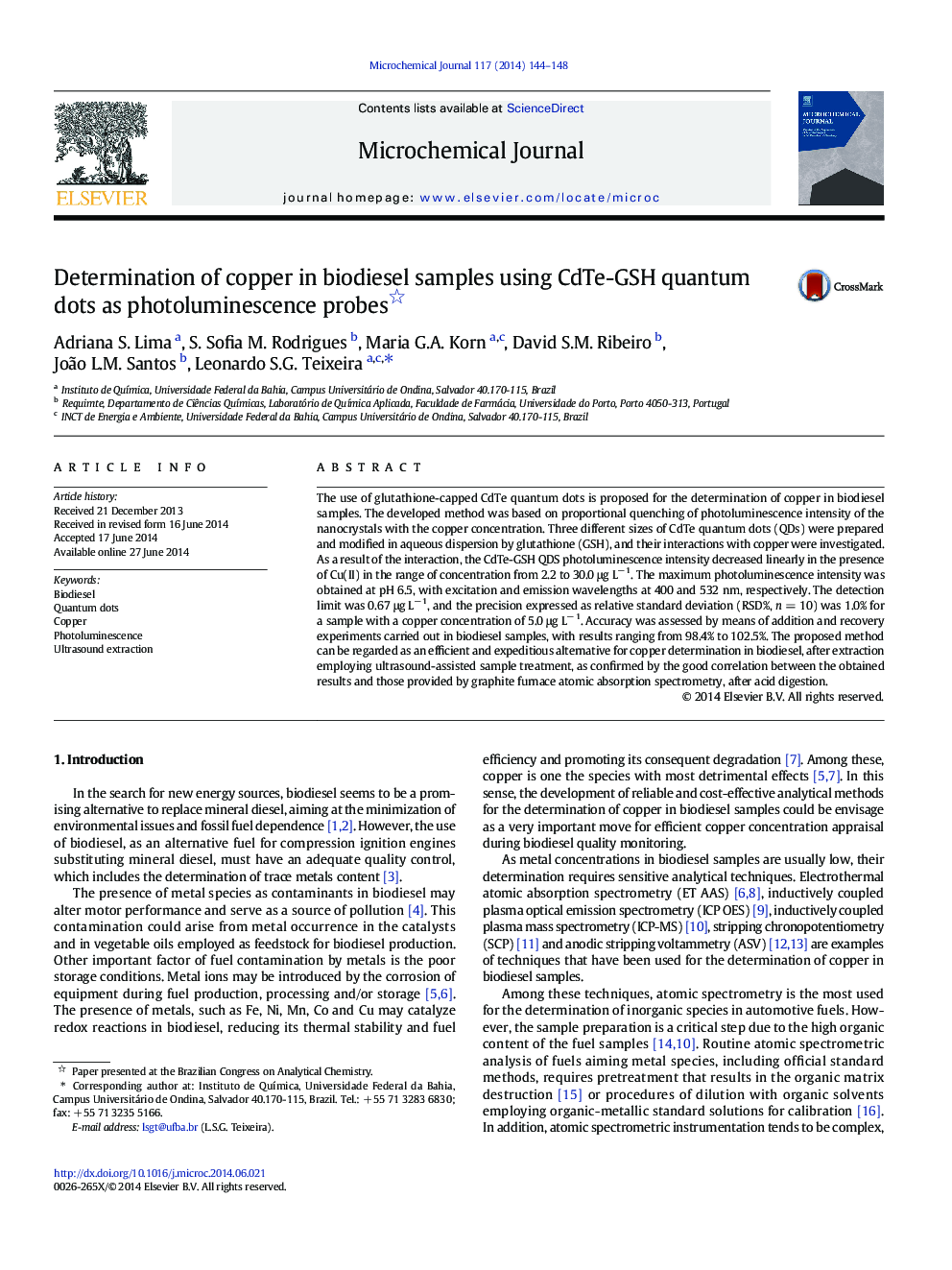 Determination of copper in biodiesel samples using CdTe-GSH quantum dots as photoluminescence probes