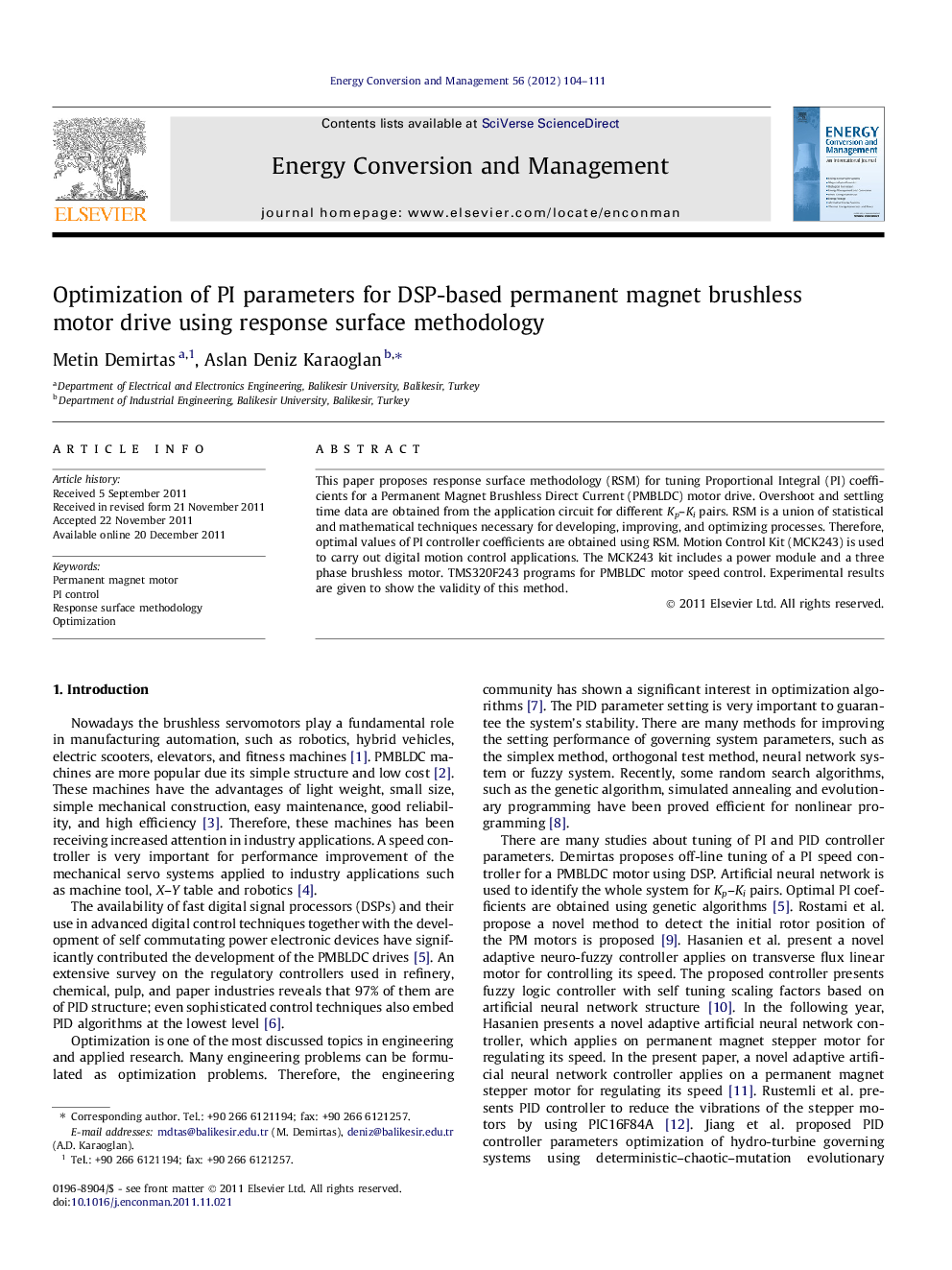 عکس صفحه اول مقاله: Optimization of PI parameters for DSP-based permanent magnet brushless motor drive using response surface methodology Optimization of PI parameters for DSP-based permanent magnet brushless motor drive using response surface methodology