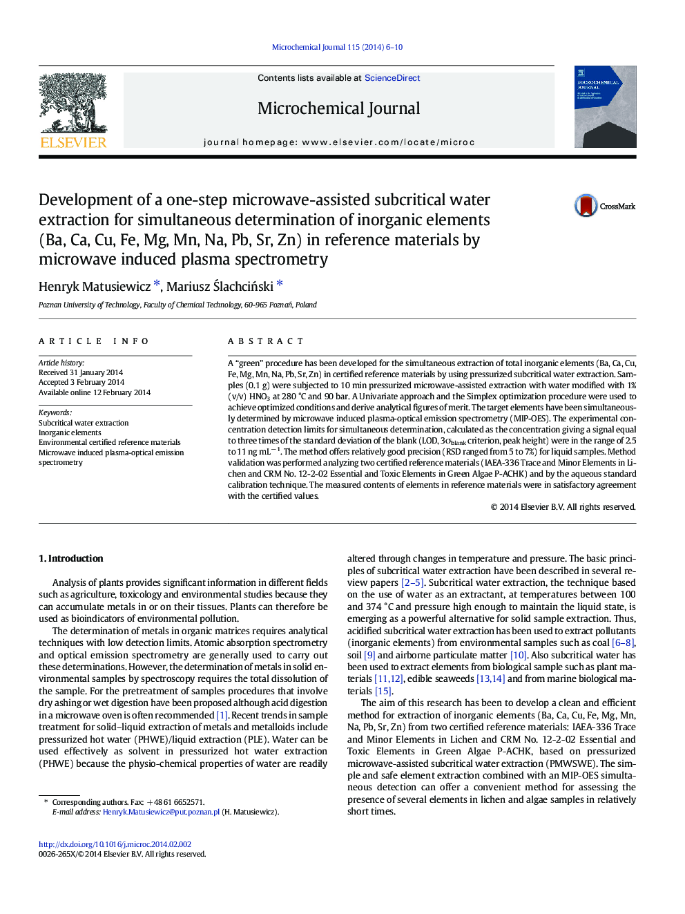 Development of a one-step microwave-assisted subcritical water extraction for simultaneous determination of inorganic elements (Ba, Ca, Cu, Fe, Mg, Mn, Na, Pb, Sr, Zn) in reference materials by microwave induced plasma spectrometry