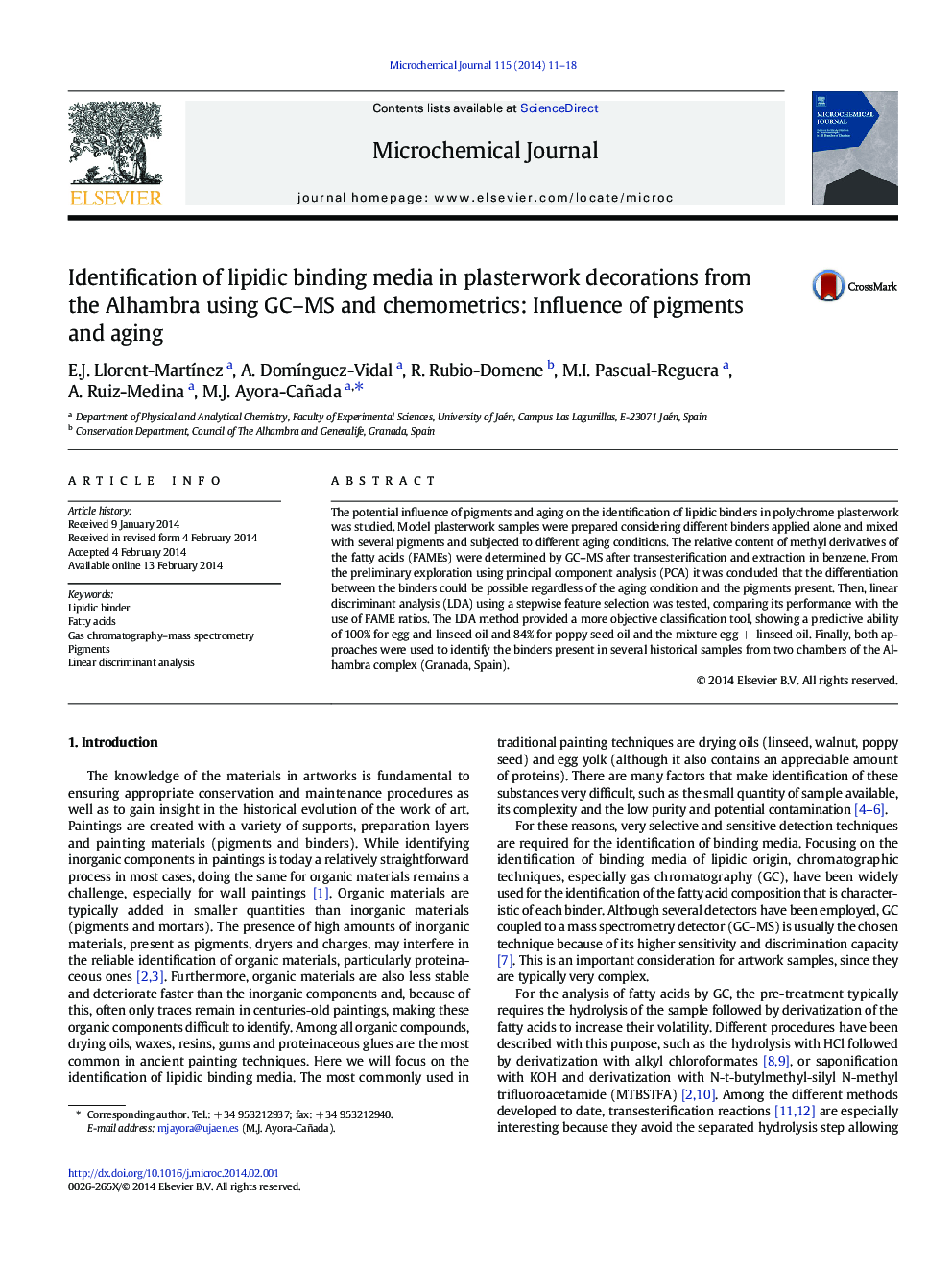 Identification of lipidic binding media in plasterwork decorations from the Alhambra using GC-MS and chemometrics: Influence of pigments and aging